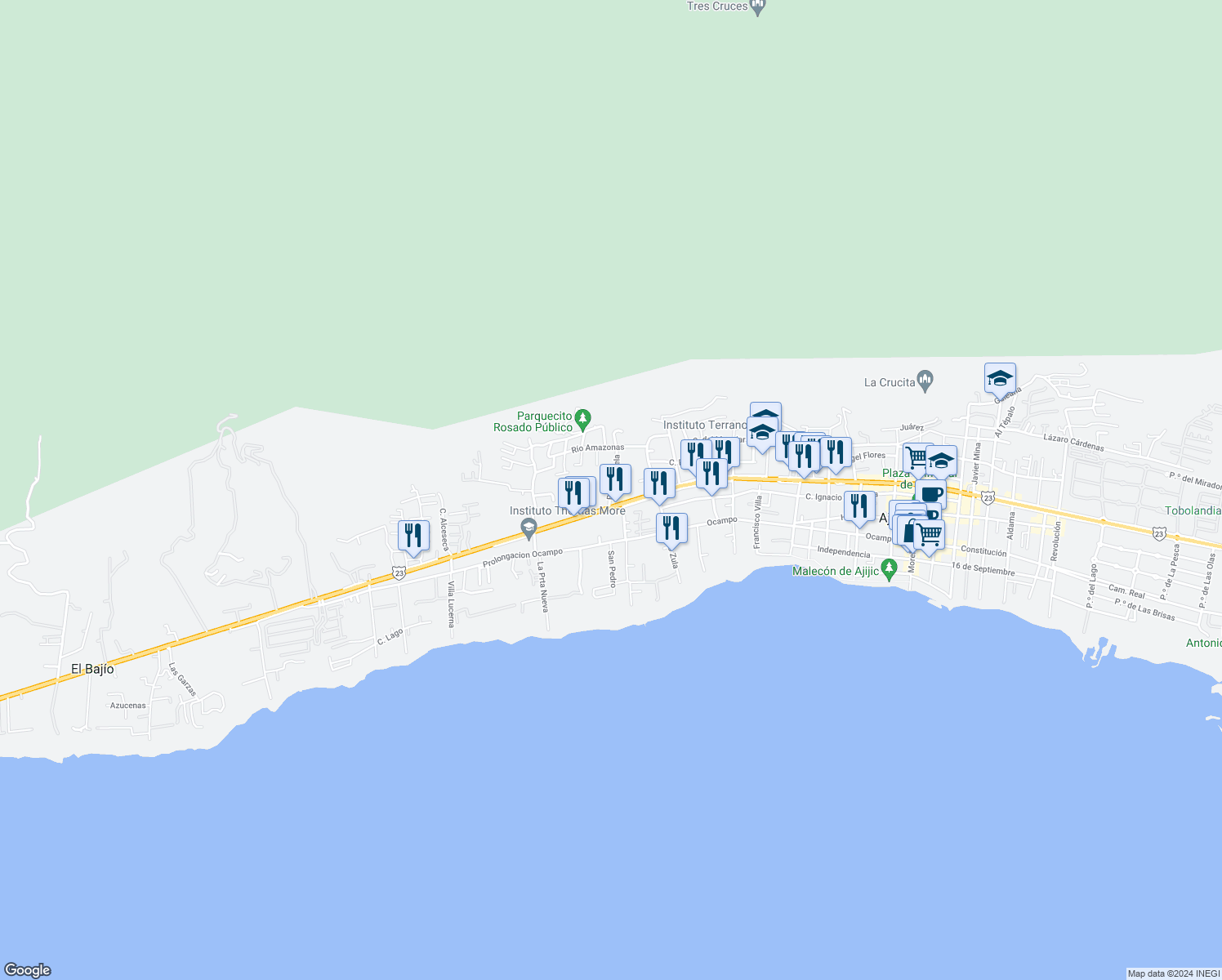 map of restaurants, bars, coffee shops, grocery stores, and more near 85 Río Chamela in Ajijic