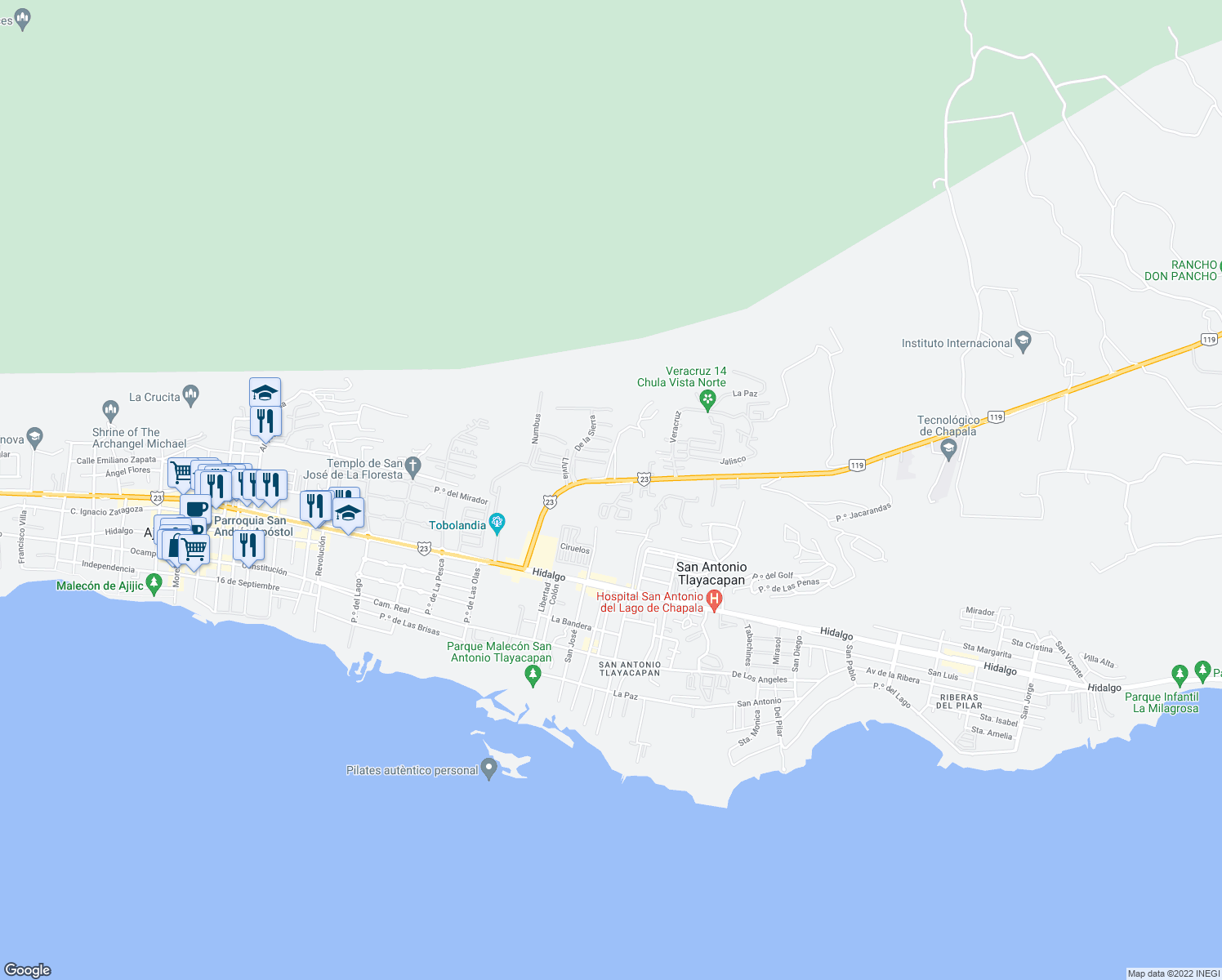 map of restaurants, bars, coffee shops, grocery stores, and more near 98 Libramiento A Chapala in Ajijic