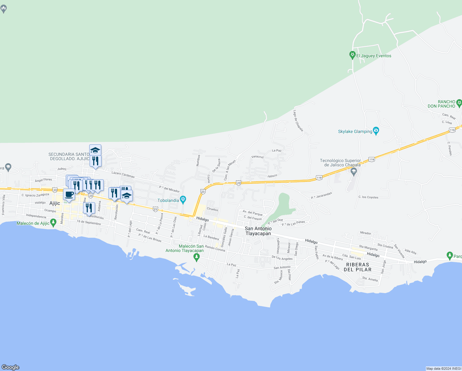 map of restaurants, bars, coffee shops, grocery stores, and more near 981 Paseo Dorado in Ajijic