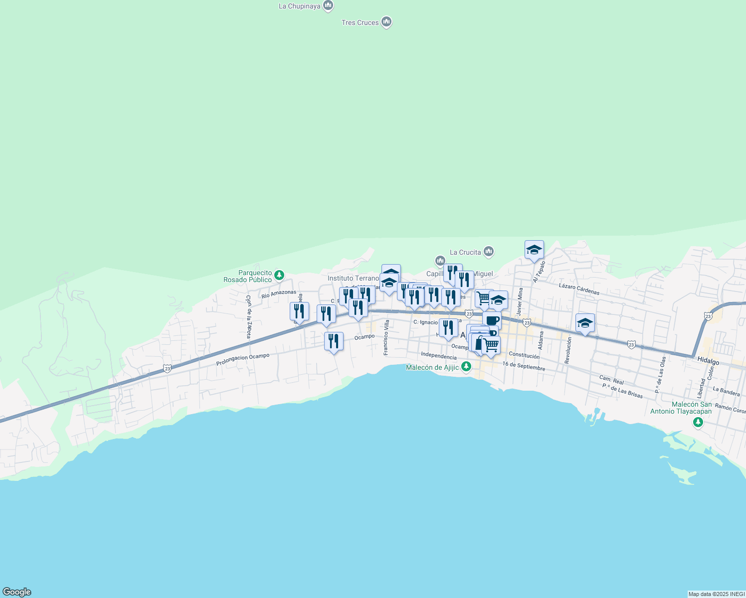 map of restaurants, bars, coffee shops, grocery stores, and more near 111 Callejón Río Yaqui in Ajijic