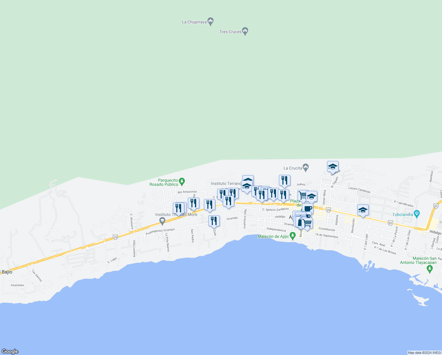map of restaurants, bars, coffee shops, grocery stores, and more near 59A De La Montaña in Ajijic