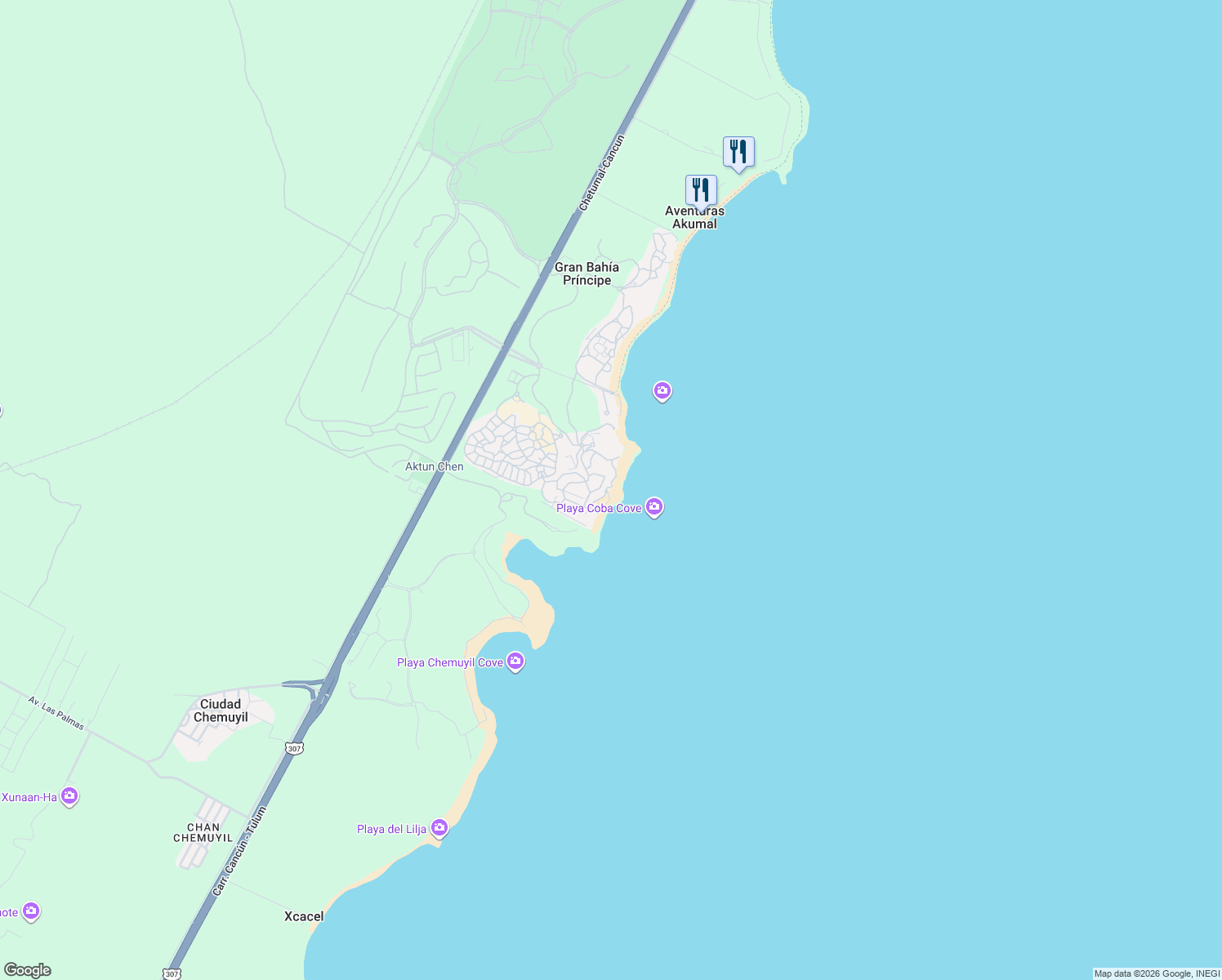 map of restaurants, bars, coffee shops, grocery stores, and more near km. 250 Chetumal-Cancun in Akumal