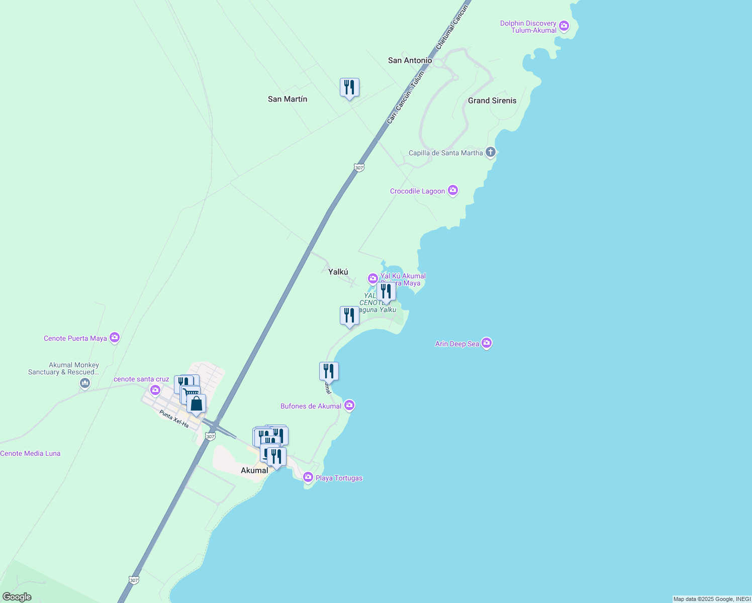 map of restaurants, bars, coffee shops, grocery stores, and more near in Akumal