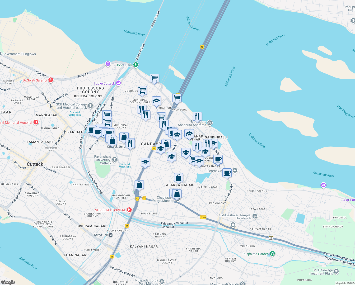 map of restaurants, bars, coffee shops, grocery stores, and more near Mahanadi Vihar Main Road in Cuttack