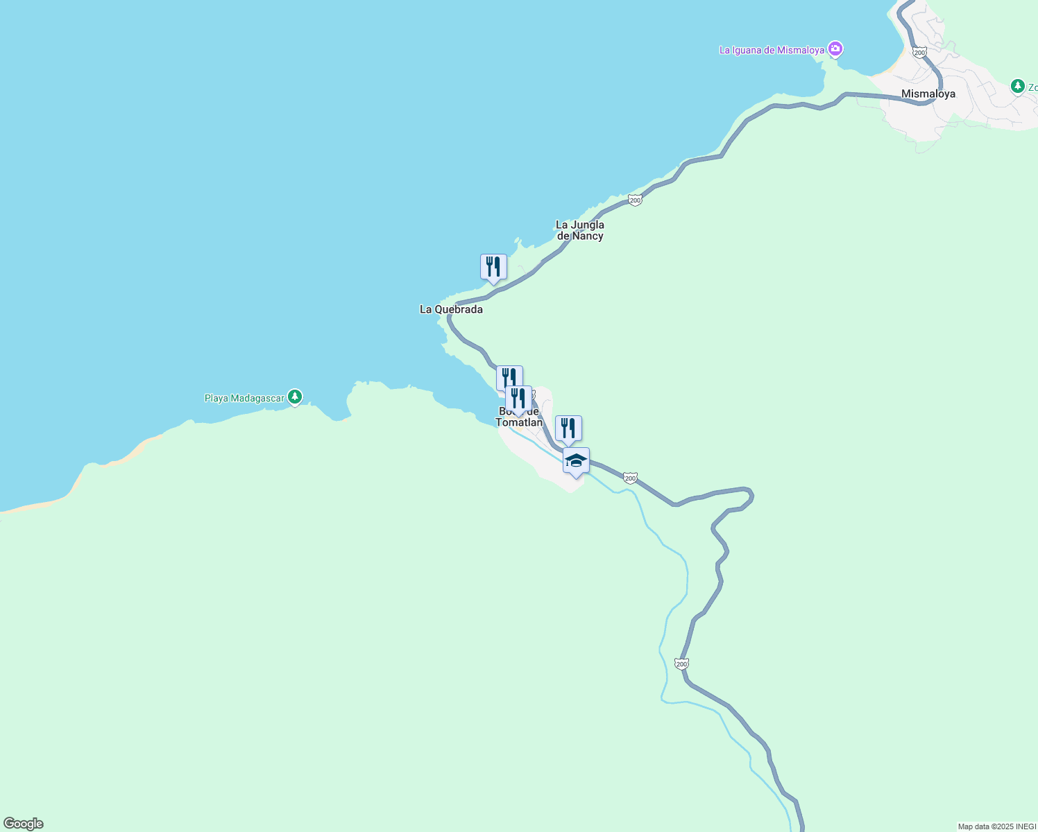 map of restaurants, bars, coffee shops, grocery stores, and more near 516 Calle de las Garzas in Boca de Tomatlán