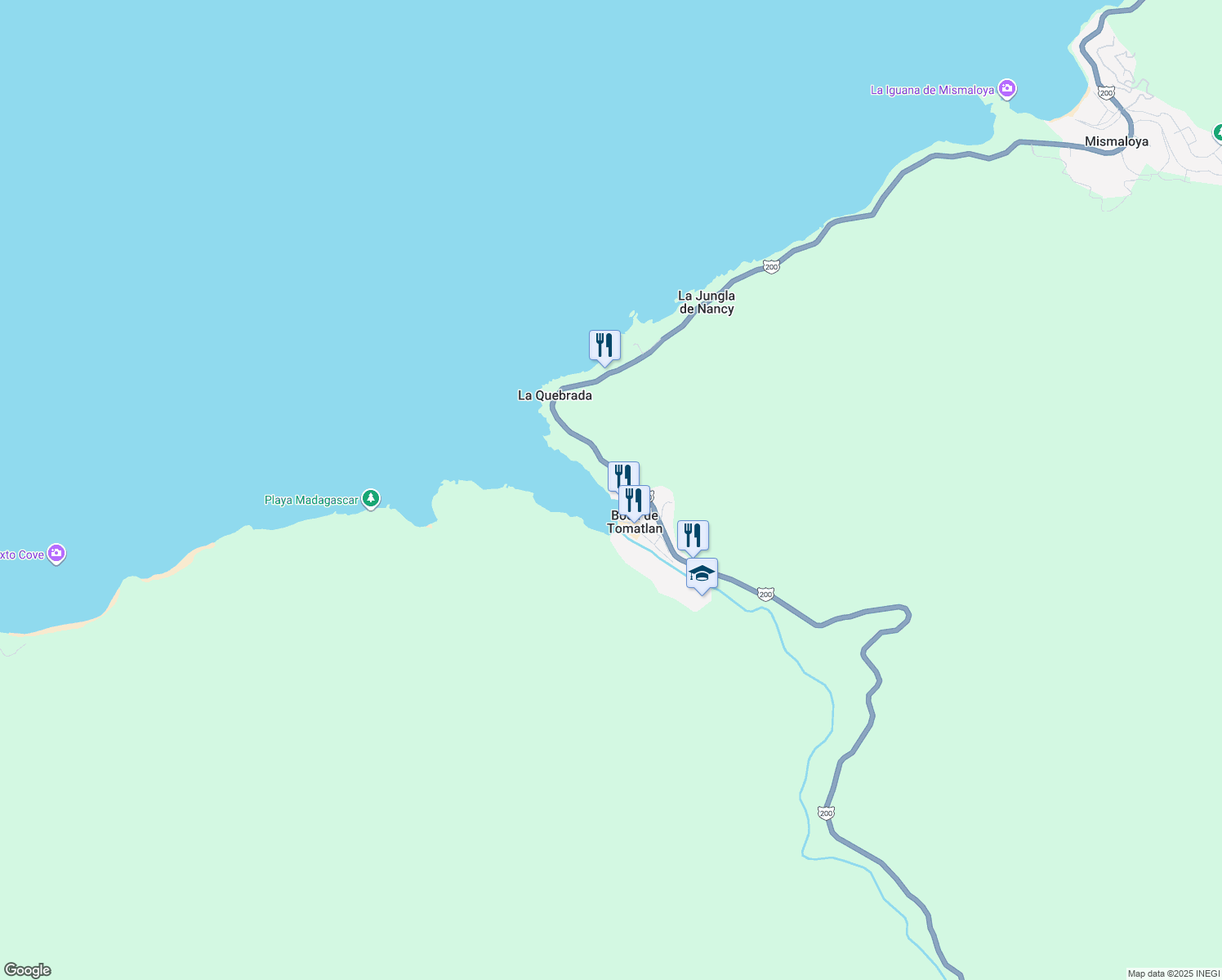 map of restaurants, bars, coffee shops, grocery stores, and more near 516 Calle de las Garzas in Boca de Tomatlán