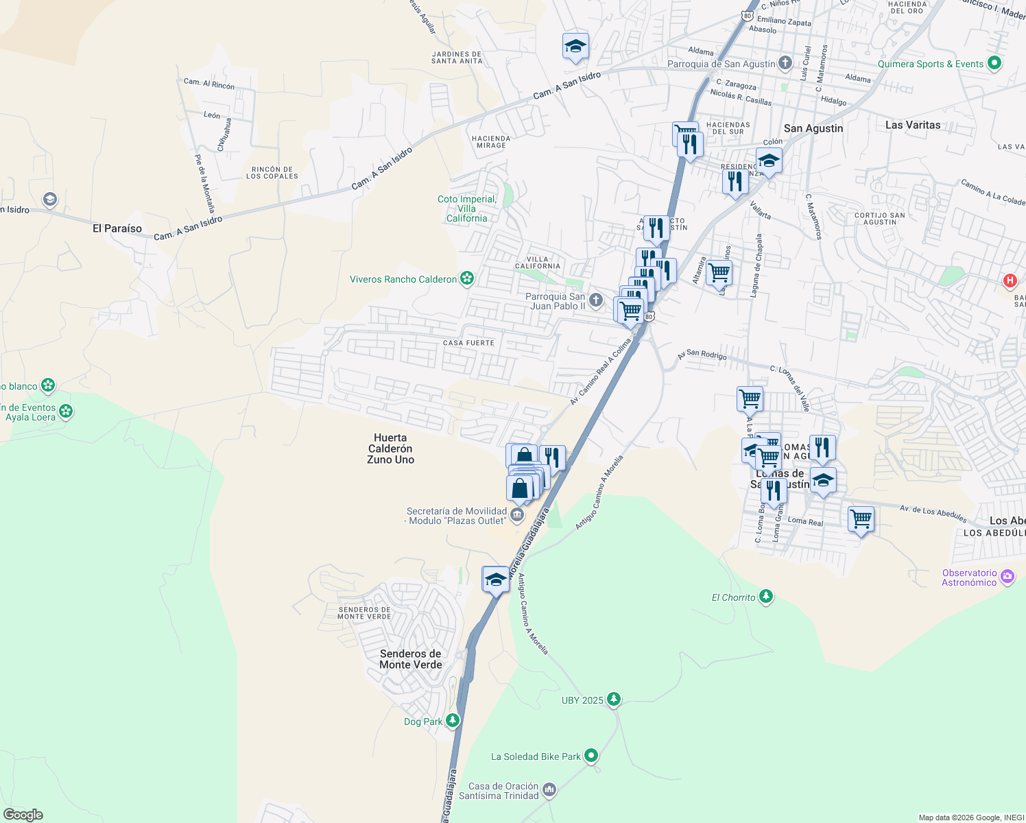 map of restaurants, bars, coffee shops, grocery stores, and more near 344 Avenida Adamar Oriente in San Agustín