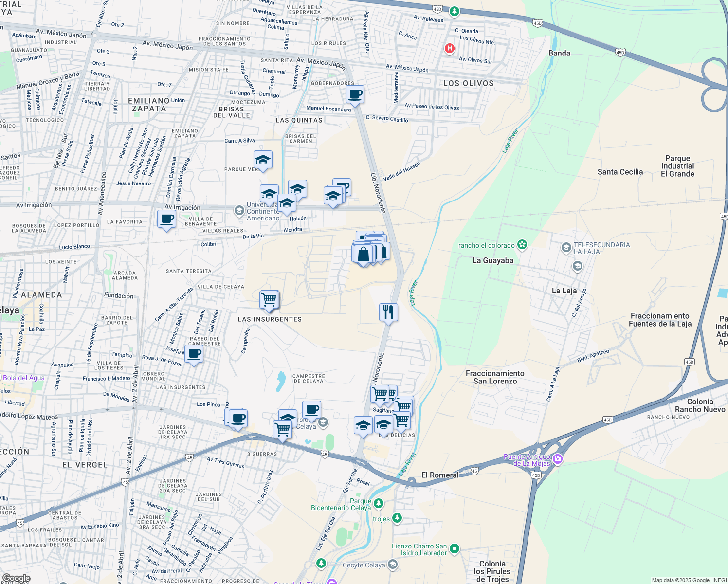 map of restaurants, bars, coffee shops, grocery stores, and more near 124 Avenida la Cano in Celaya