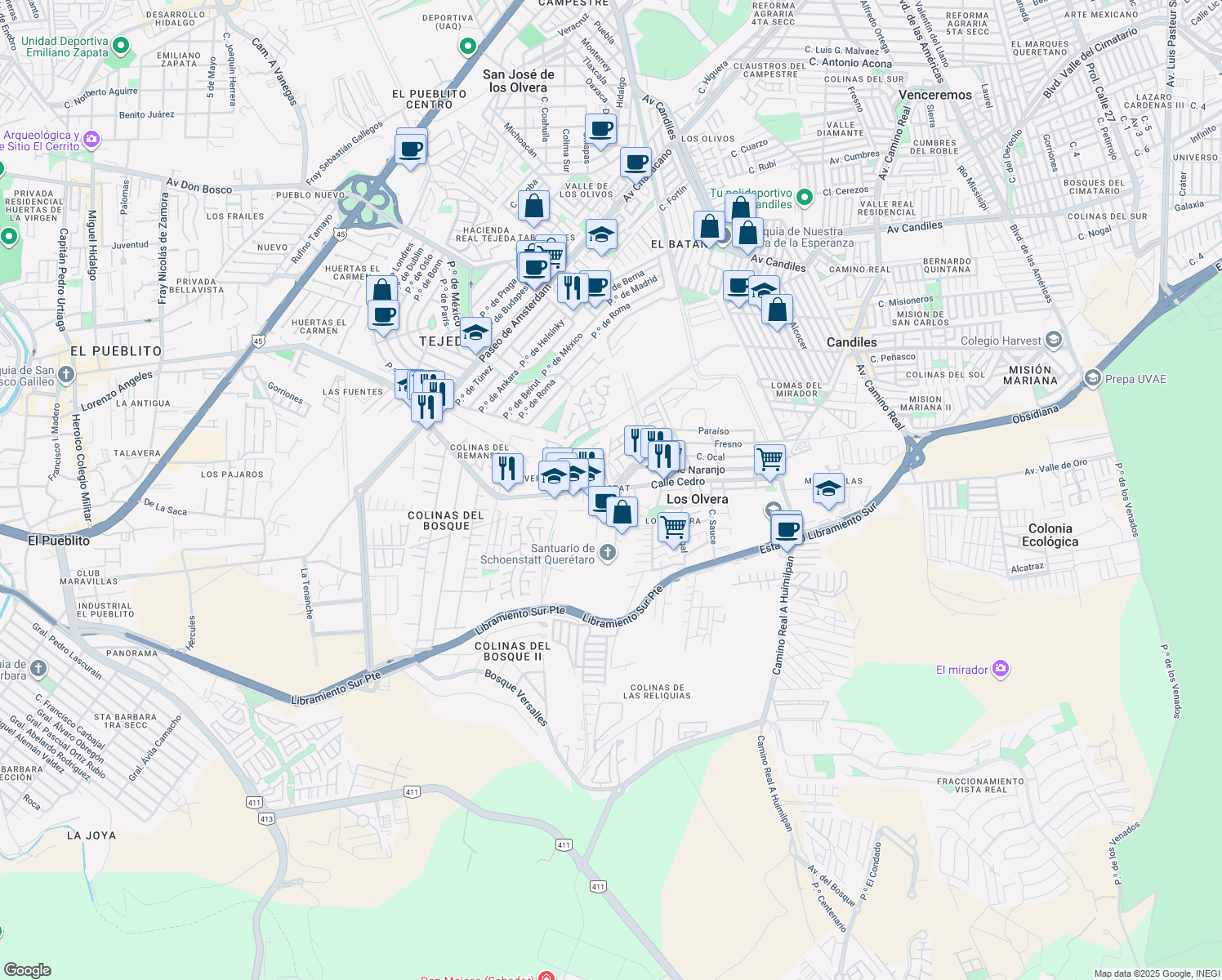 map of restaurants, bars, coffee shops, grocery stores, and more near 96 Camino a los Olvera in El Pueblito