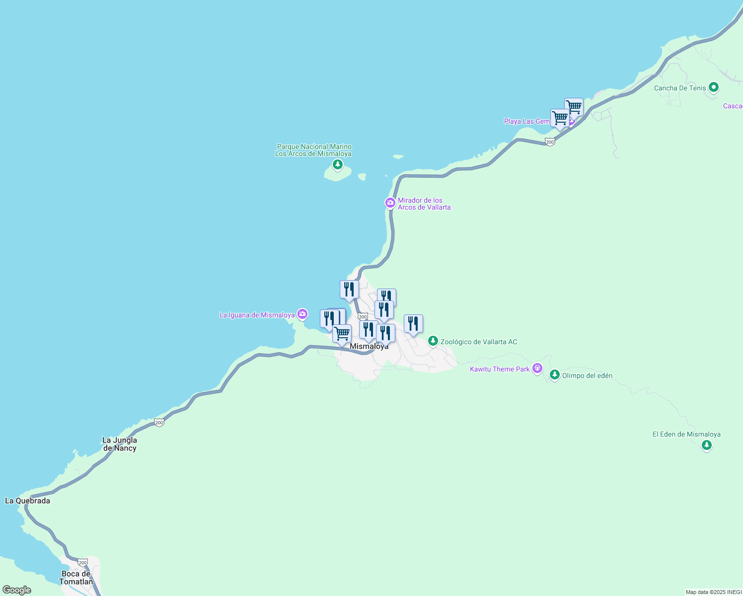 map of restaurants, bars, coffee shops, grocery stores, and more near Calle Candida Azucena # 96, Fracc. Lomas de Mismaloya, Puerto Vallarta Carretera Federal 200 in Mismaloya