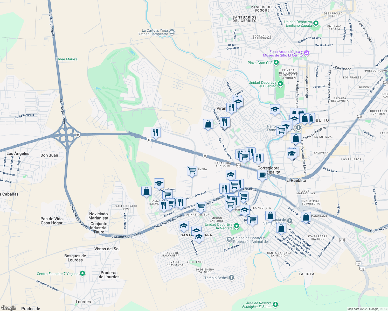 map of restaurants, bars, coffee shops, grocery stores, and more near Fraccionamiento Lomas de Balvanera in El Pueblito