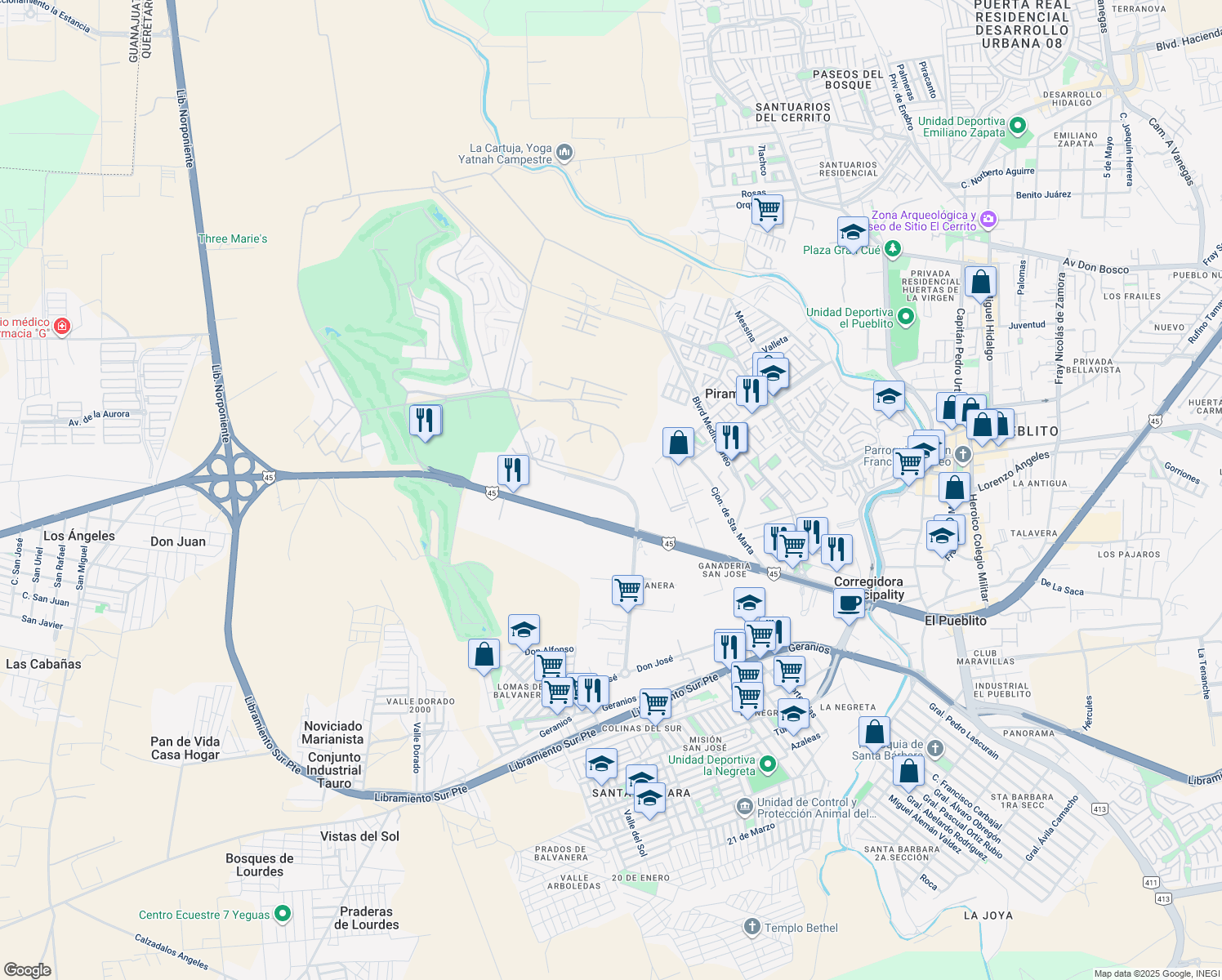 map of restaurants, bars, coffee shops, grocery stores, and more near 225 Fraccionamiento Lomas de Balvanera in El Pueblito