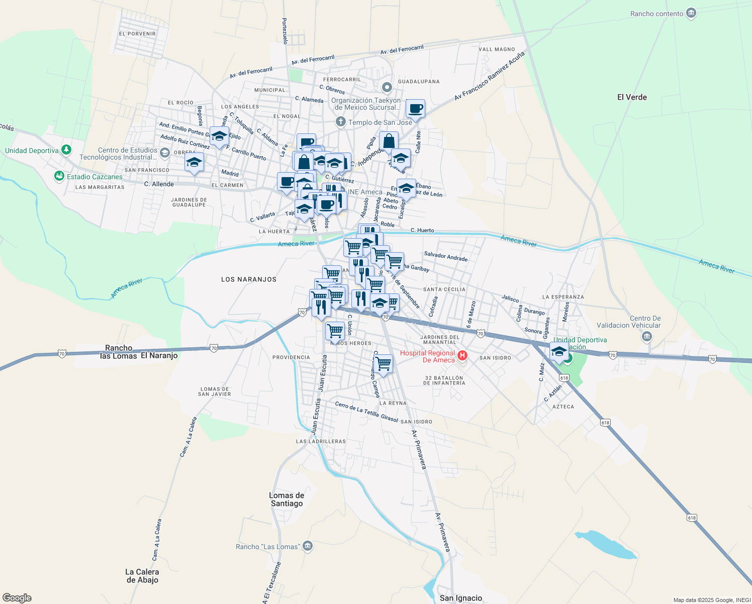 map of restaurants, bars, coffee shops, grocery stores, and more near 98 Calle San Ignacio in Ameca
