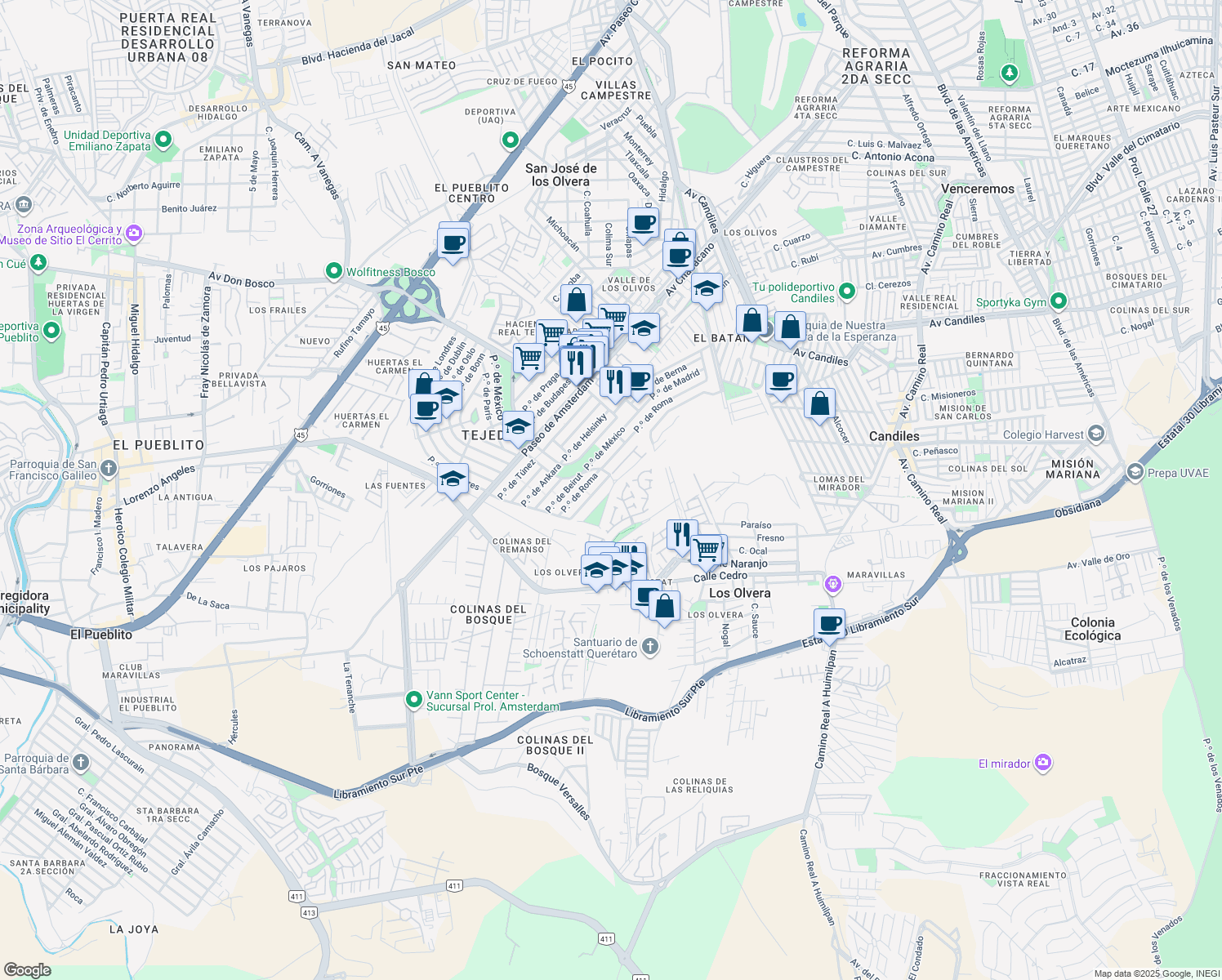 map of restaurants, bars, coffee shops, grocery stores, and more near Privada Paseo de Atenas in El Pueblito