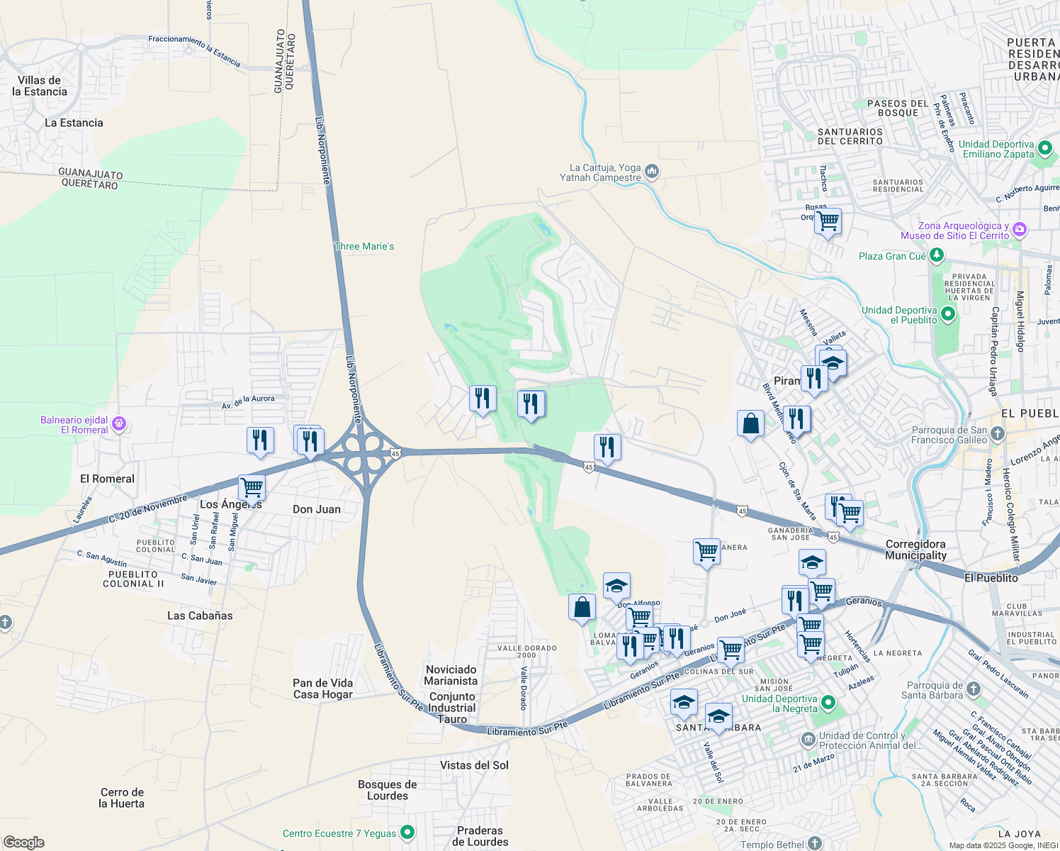 map of restaurants, bars, coffee shops, grocery stores, and more near Km. 10 de Celaya in El Pueblito