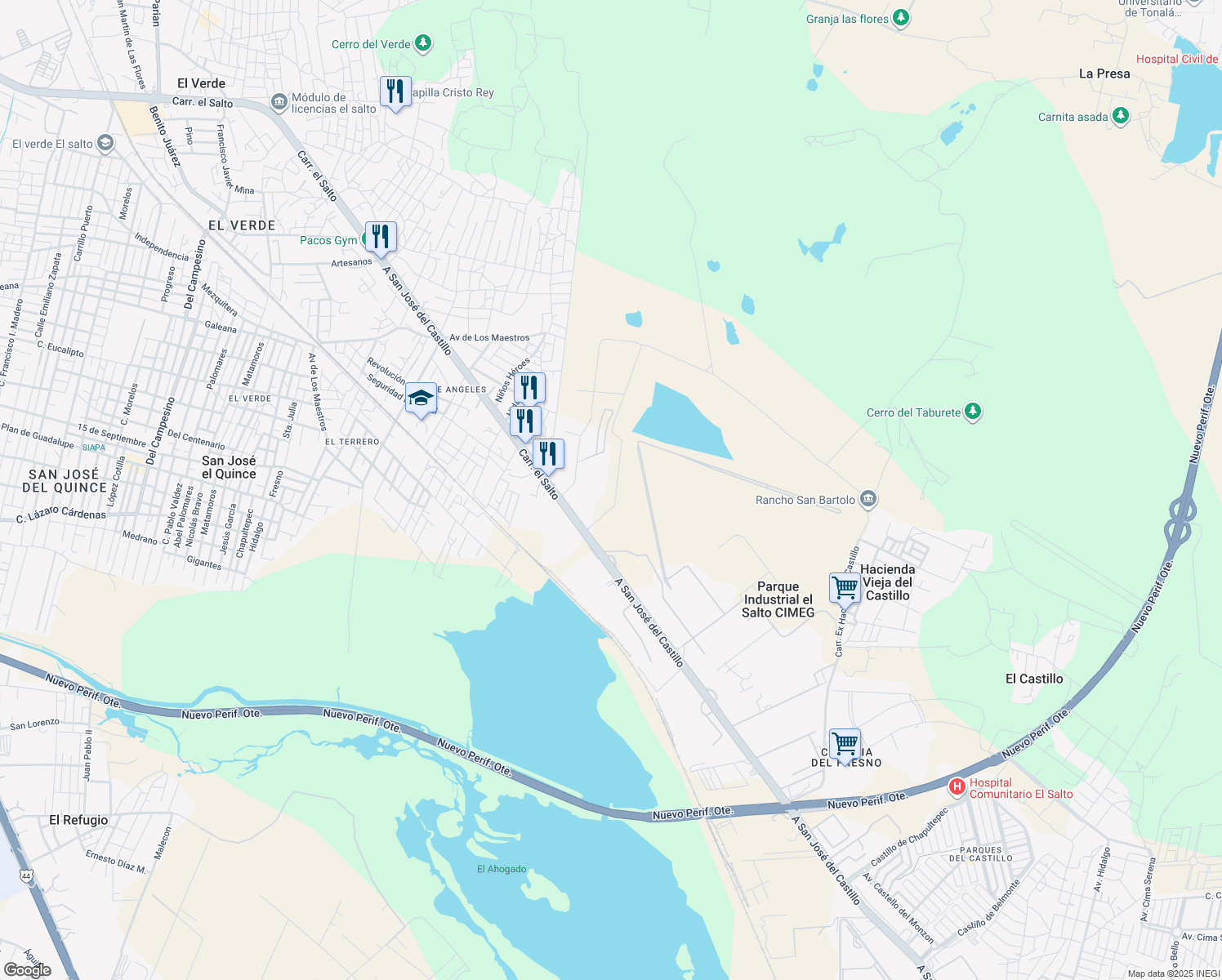 map of restaurants, bars, coffee shops, grocery stores, and more near 410 Carretera el Salto in El Quince