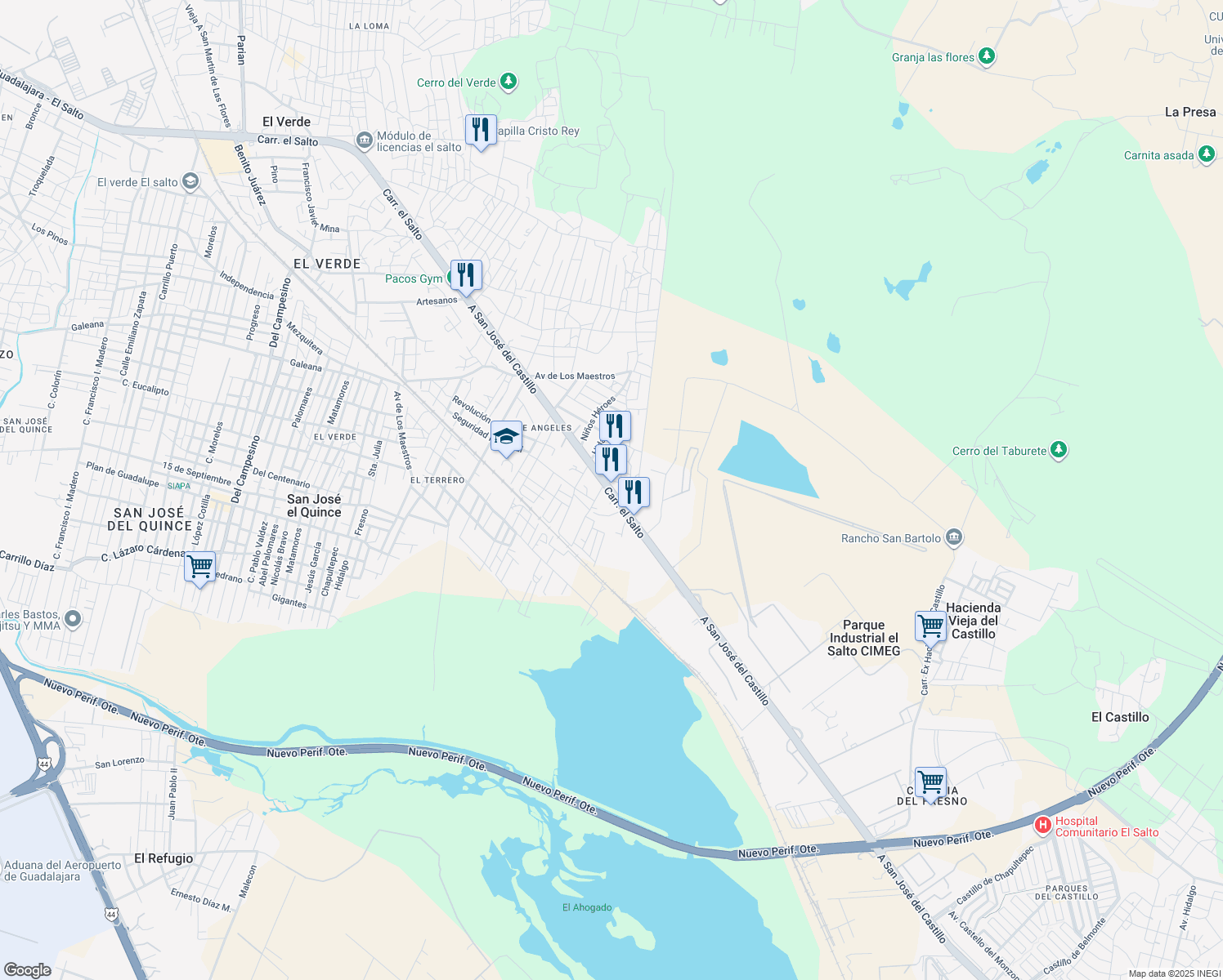 map of restaurants, bars, coffee shops, grocery stores, and more near 410 Carretera el Salto in El Quince