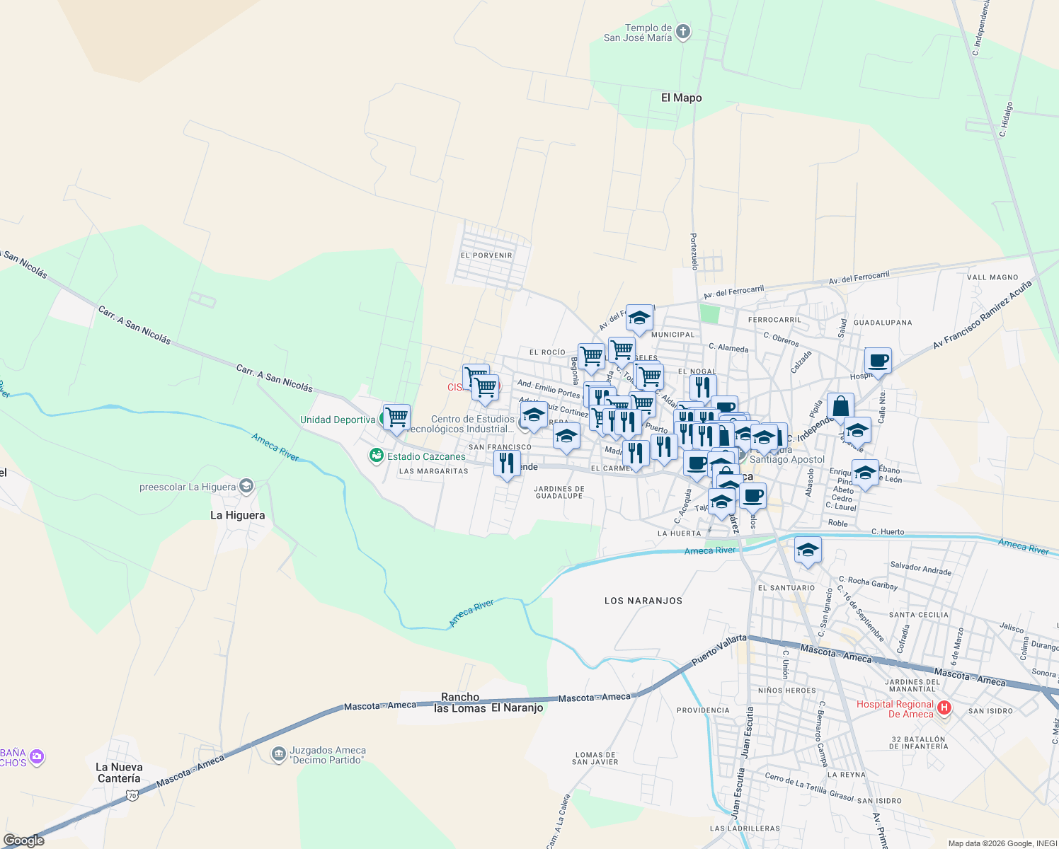 map of restaurants, bars, coffee shops, grocery stores, and more near in Ameca