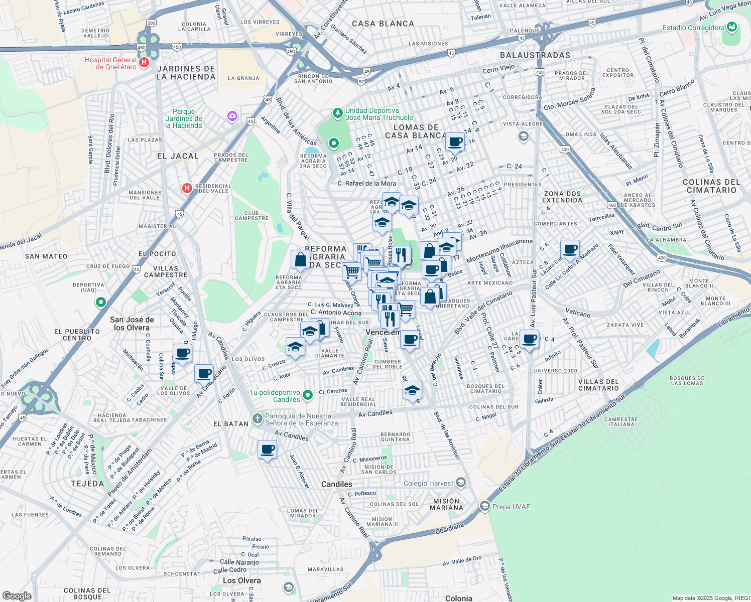 map of restaurants, bars, coffee shops, grocery stores, and more near 207 Calle Antonio Rivera de la Torre in Santiago de Querétaro