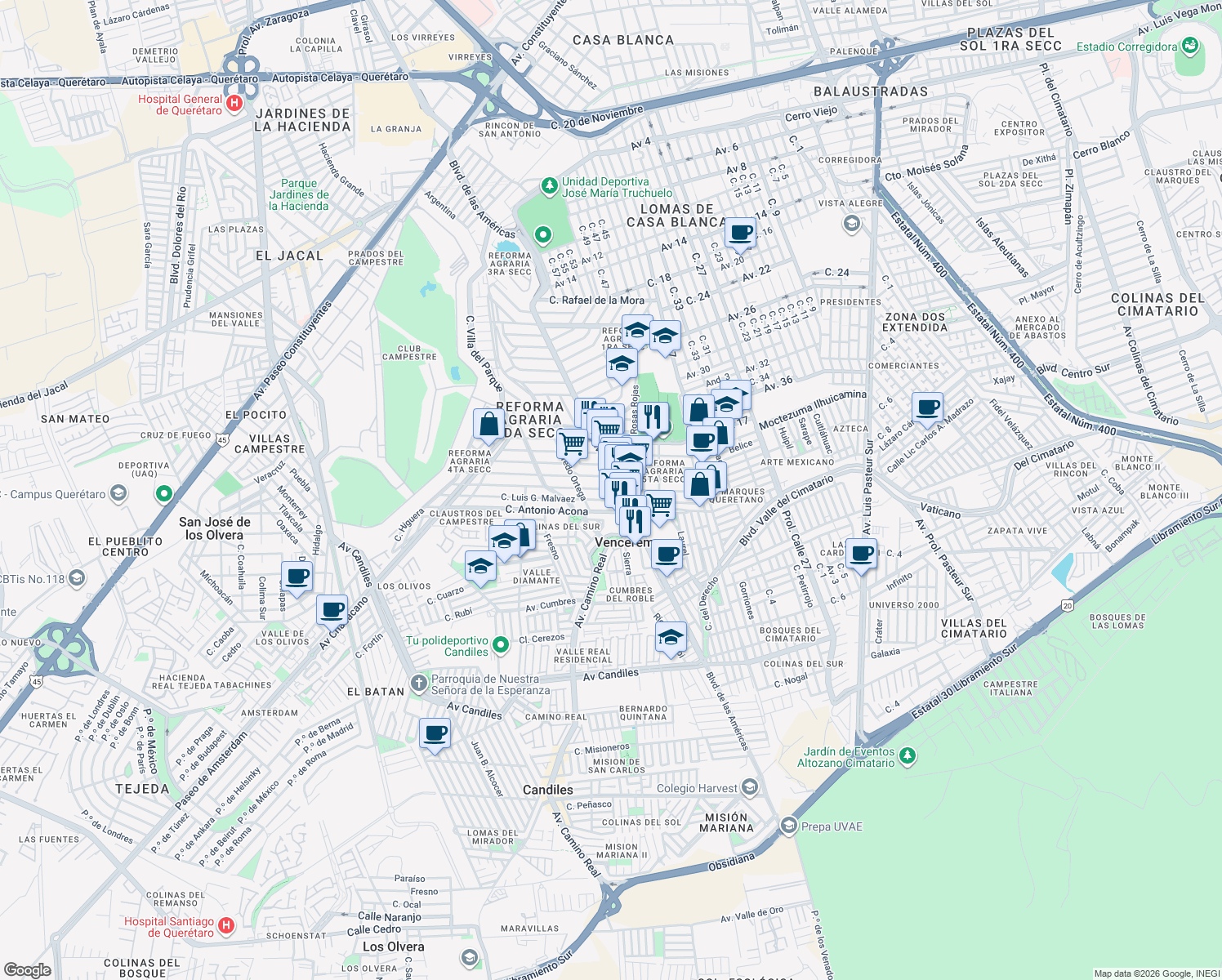 map of restaurants, bars, coffee shops, grocery stores, and more near 207 Calle Antonio Rivera de la Torre in Santiago de Querétaro
