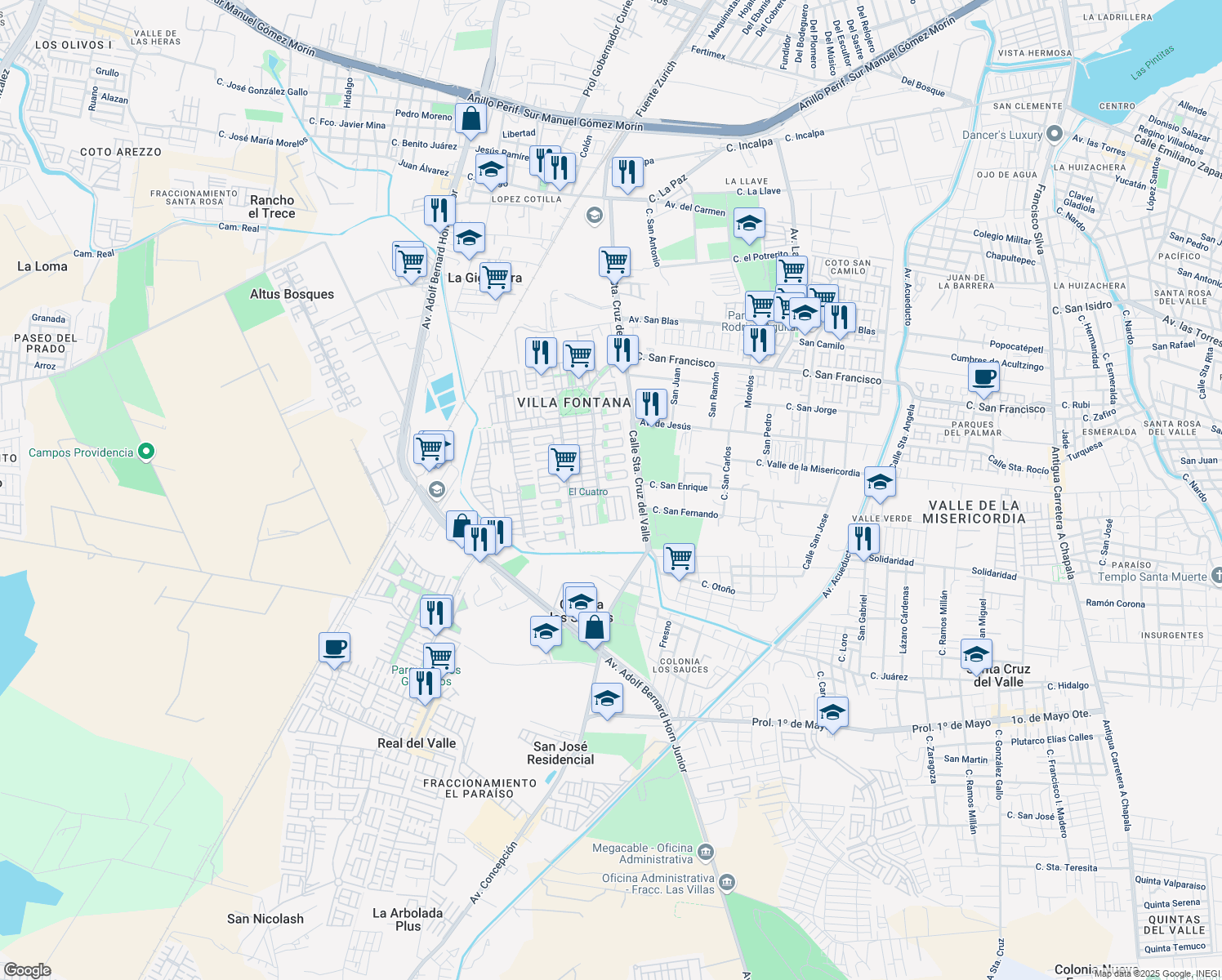 map of restaurants, bars, coffee shops, grocery stores, and more near 144 Villa Fontana Sur in Santa Cruz del Valle