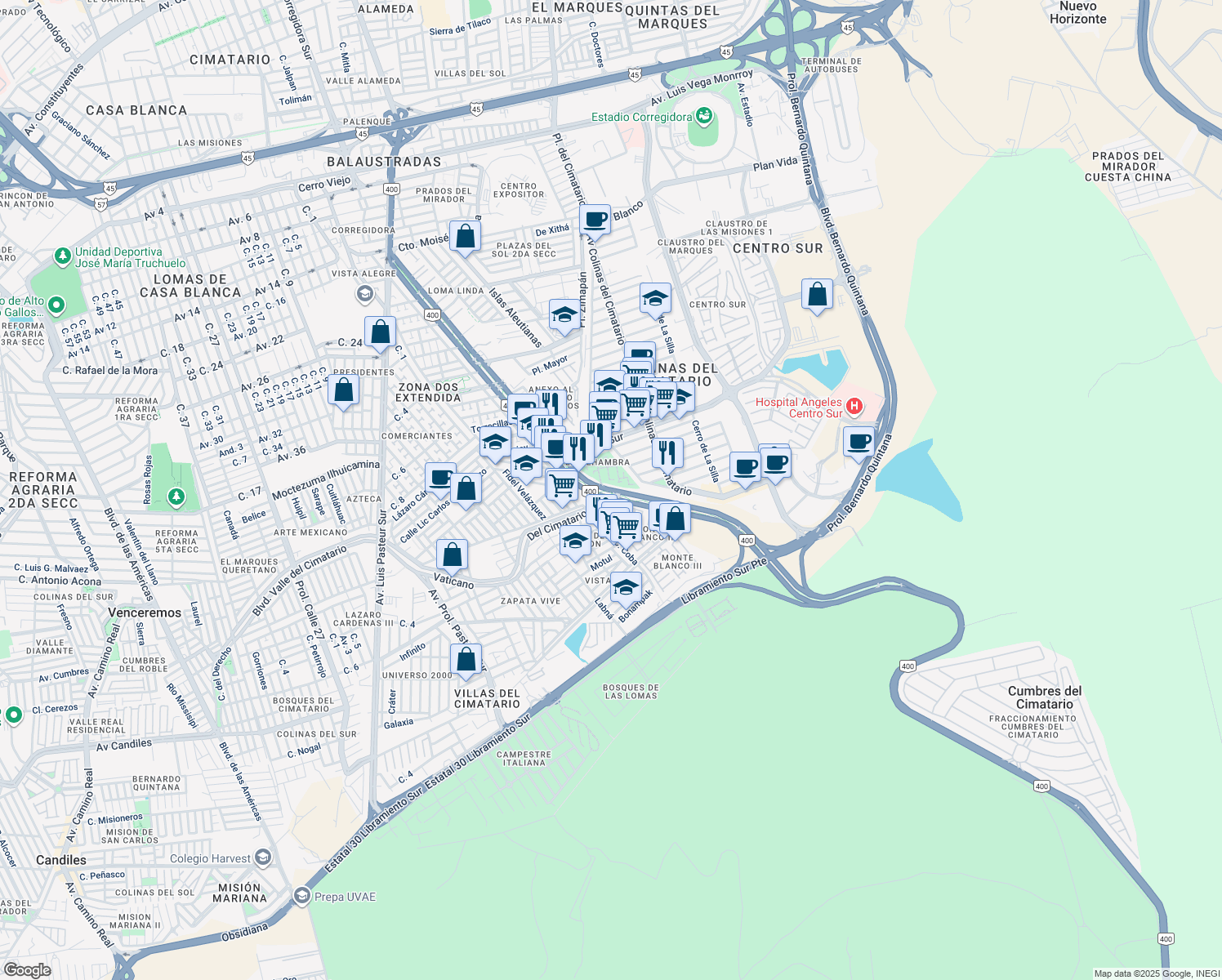 map of restaurants, bars, coffee shops, grocery stores, and more near 1153 Avenida del Parque in Santiago de Querétaro