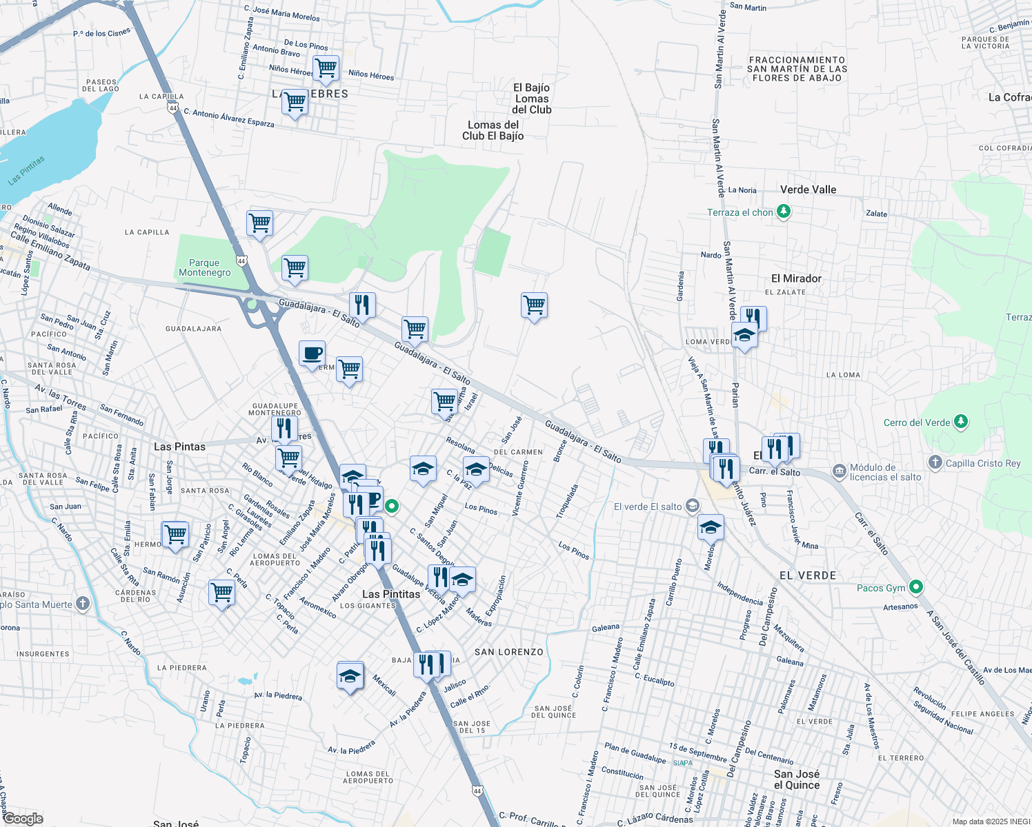 map of restaurants, bars, coffee shops, grocery stores, and more near 1900 Guadalajara - El Salto in Las Pintitas