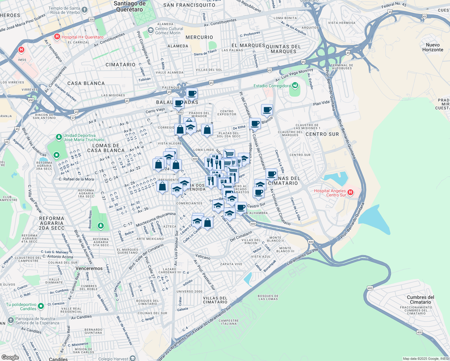 map of restaurants, bars, coffee shops, grocery stores, and more near 999 Carretera Huimilpan in Huimilpan Centro