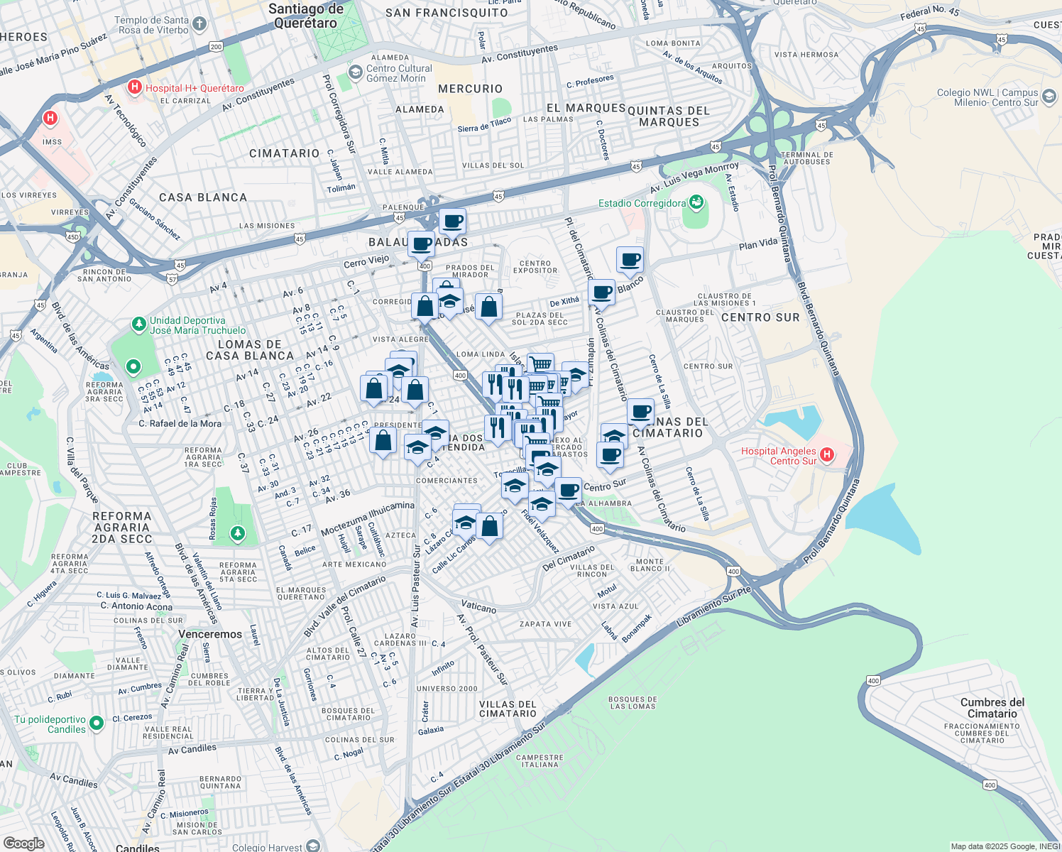 map of restaurants, bars, coffee shops, grocery stores, and more near 999 Carretera Huimilpan in Huimilpan Centro