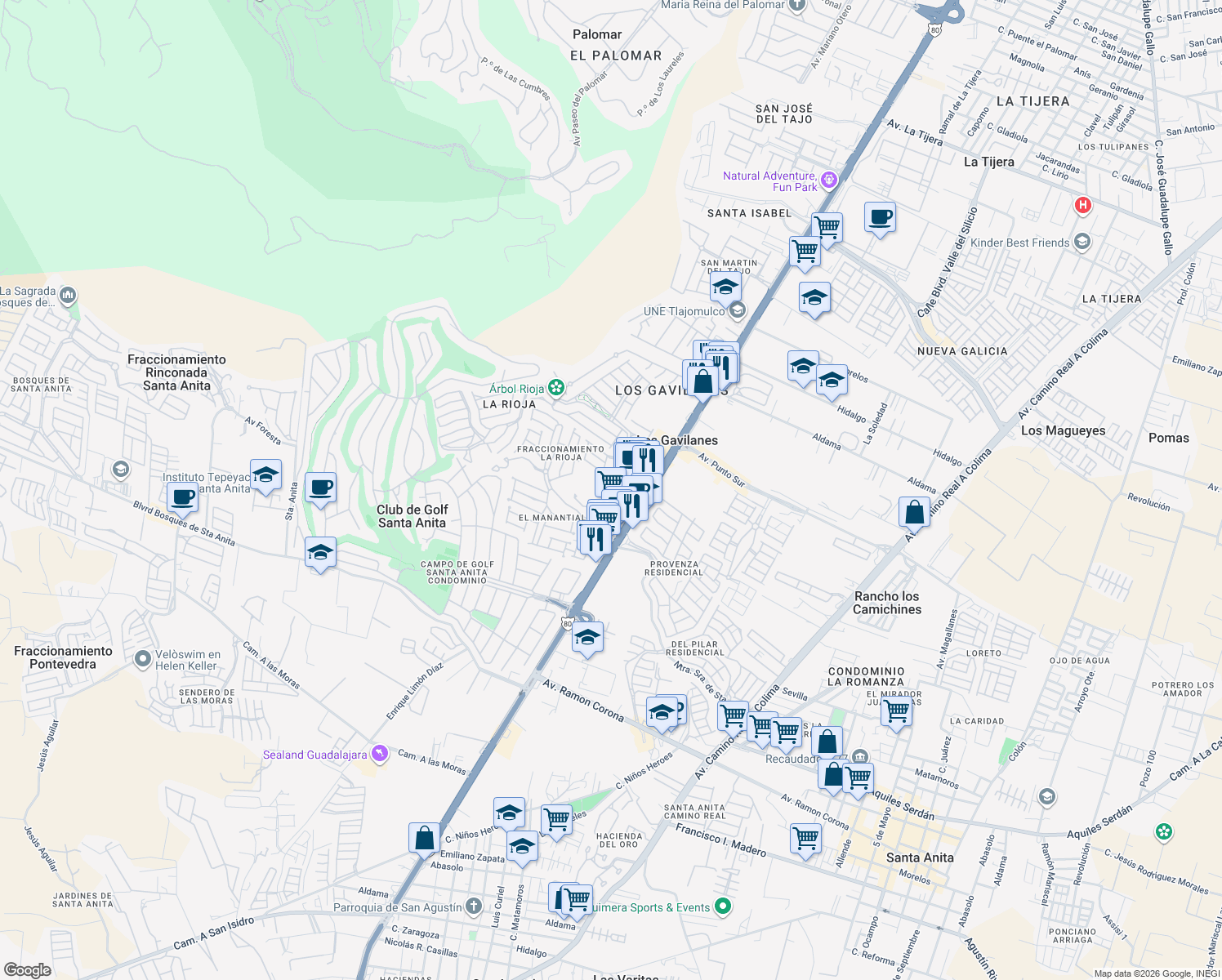 map of restaurants, bars, coffee shops, grocery stores, and more near 7700 Avenida Adolfo López Mateos Sur in Los Gavilanes