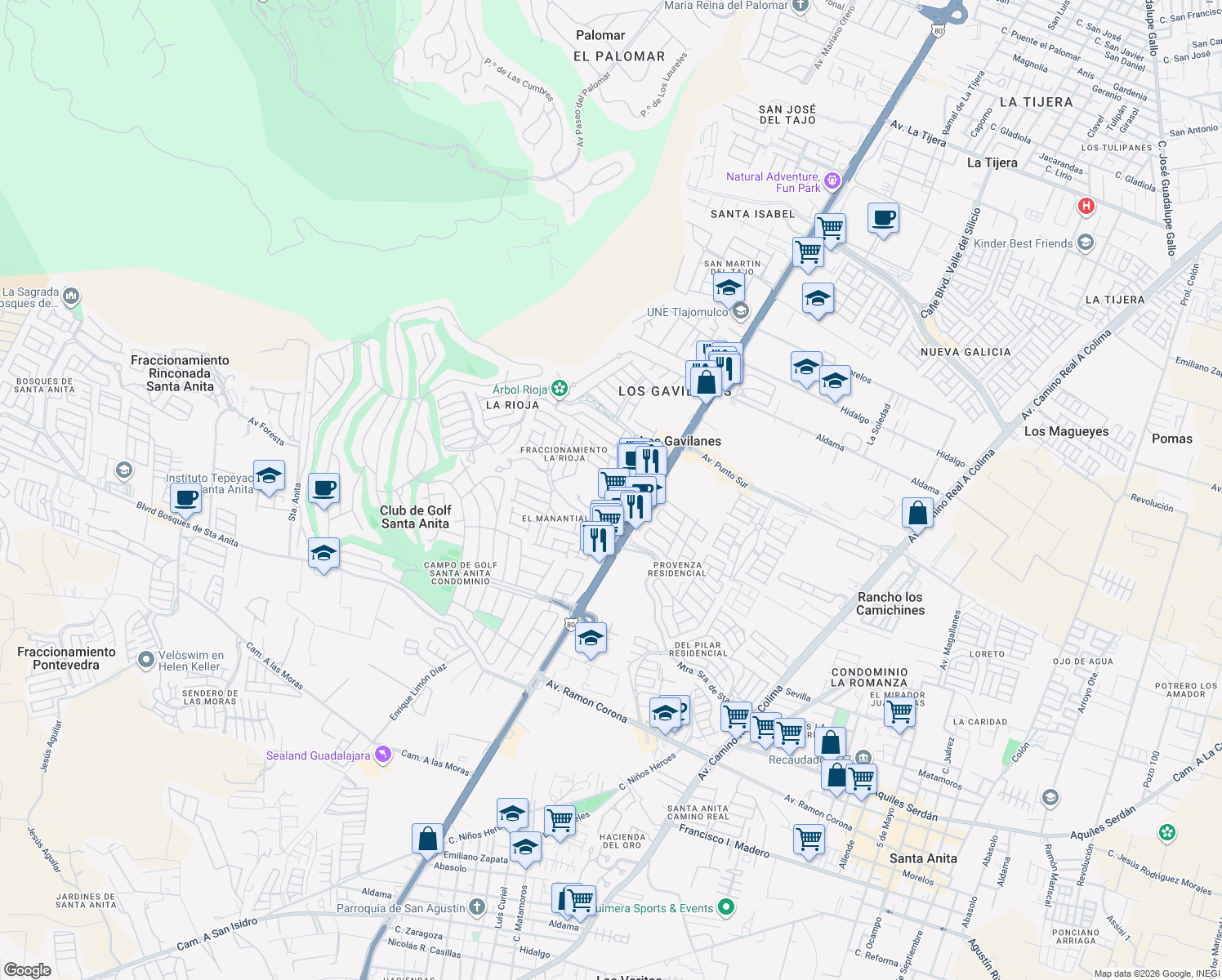 map of restaurants, bars, coffee shops, grocery stores, and more near 7700 Avenida Adolfo López Mateos Sur in Los Gavilanes
