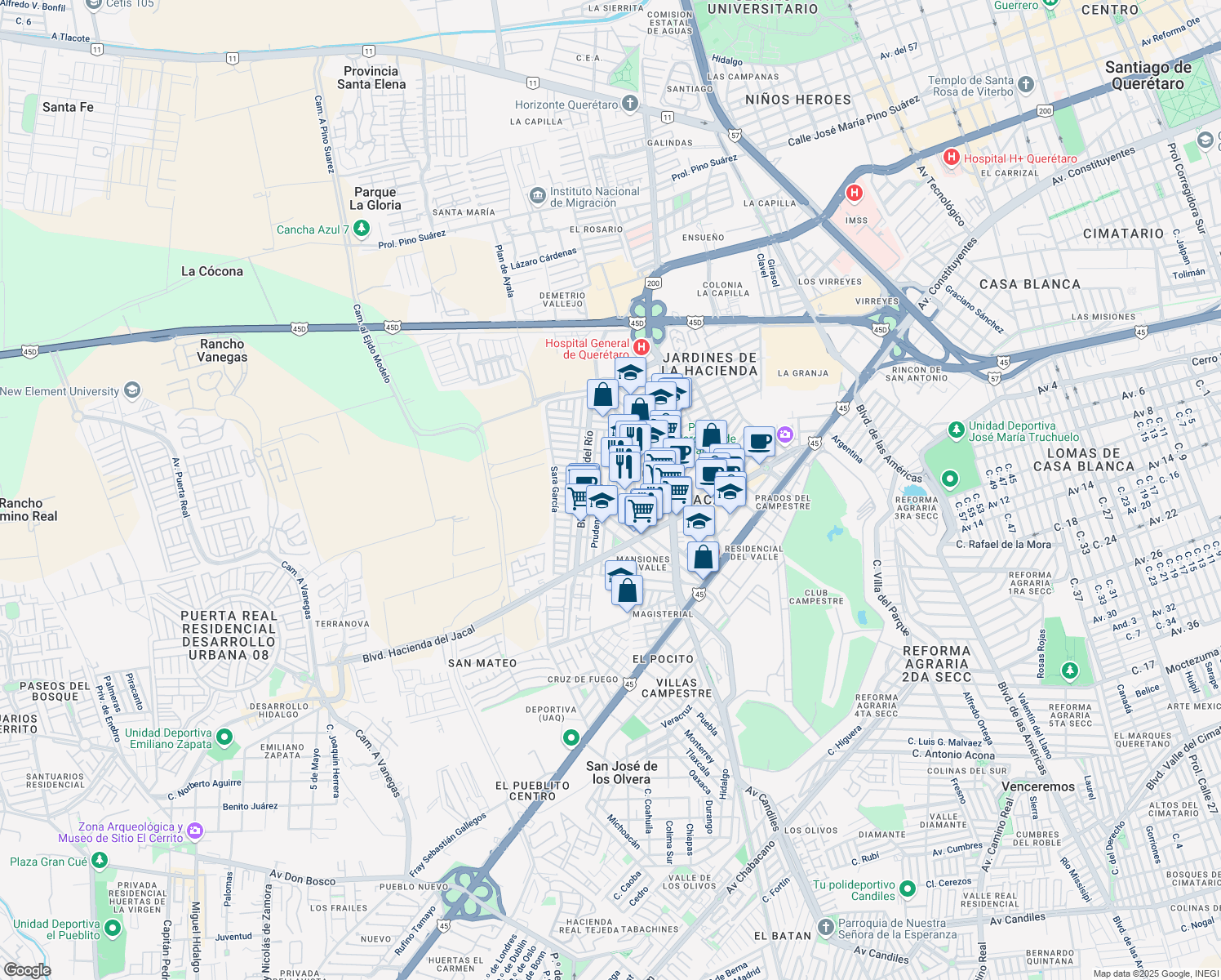 map of restaurants, bars, coffee shops, grocery stores, and more near 320 Calle Plaza de La Constitución in Santiago de Querétaro