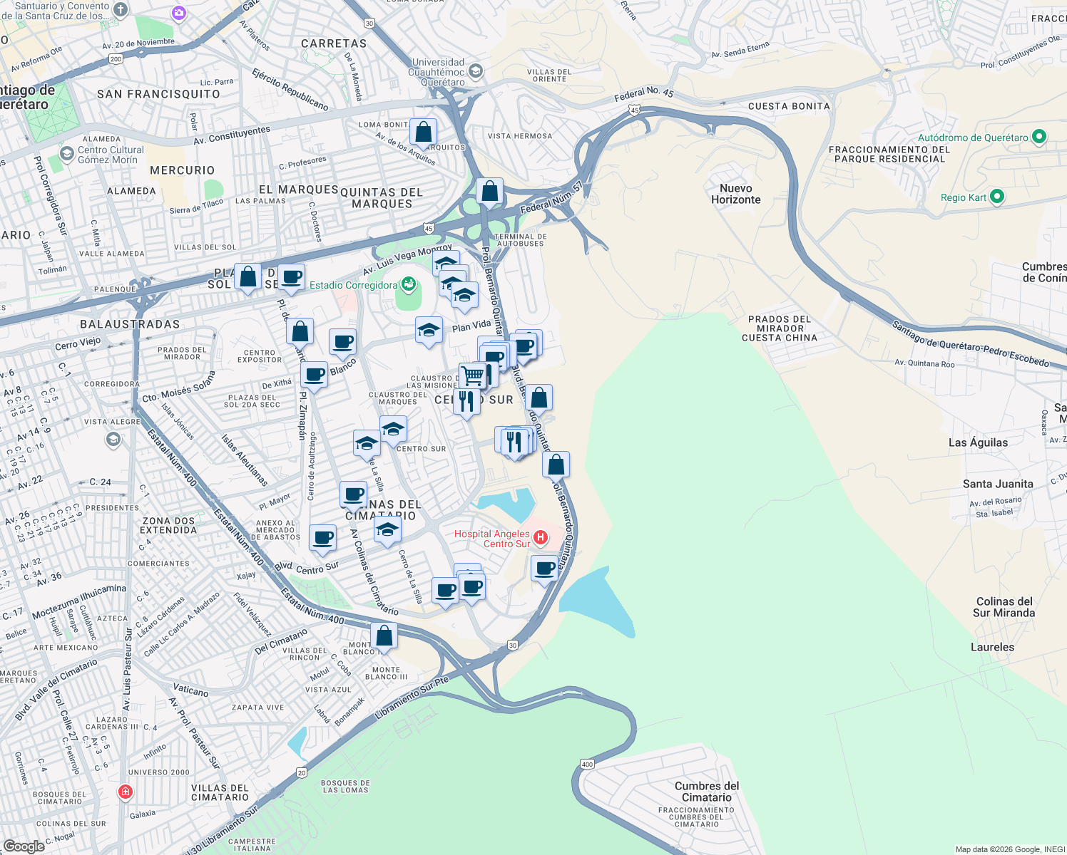map of restaurants, bars, coffee shops, grocery stores, and more near Prolongación Bernardo Quintana in Santiago de Querétaro