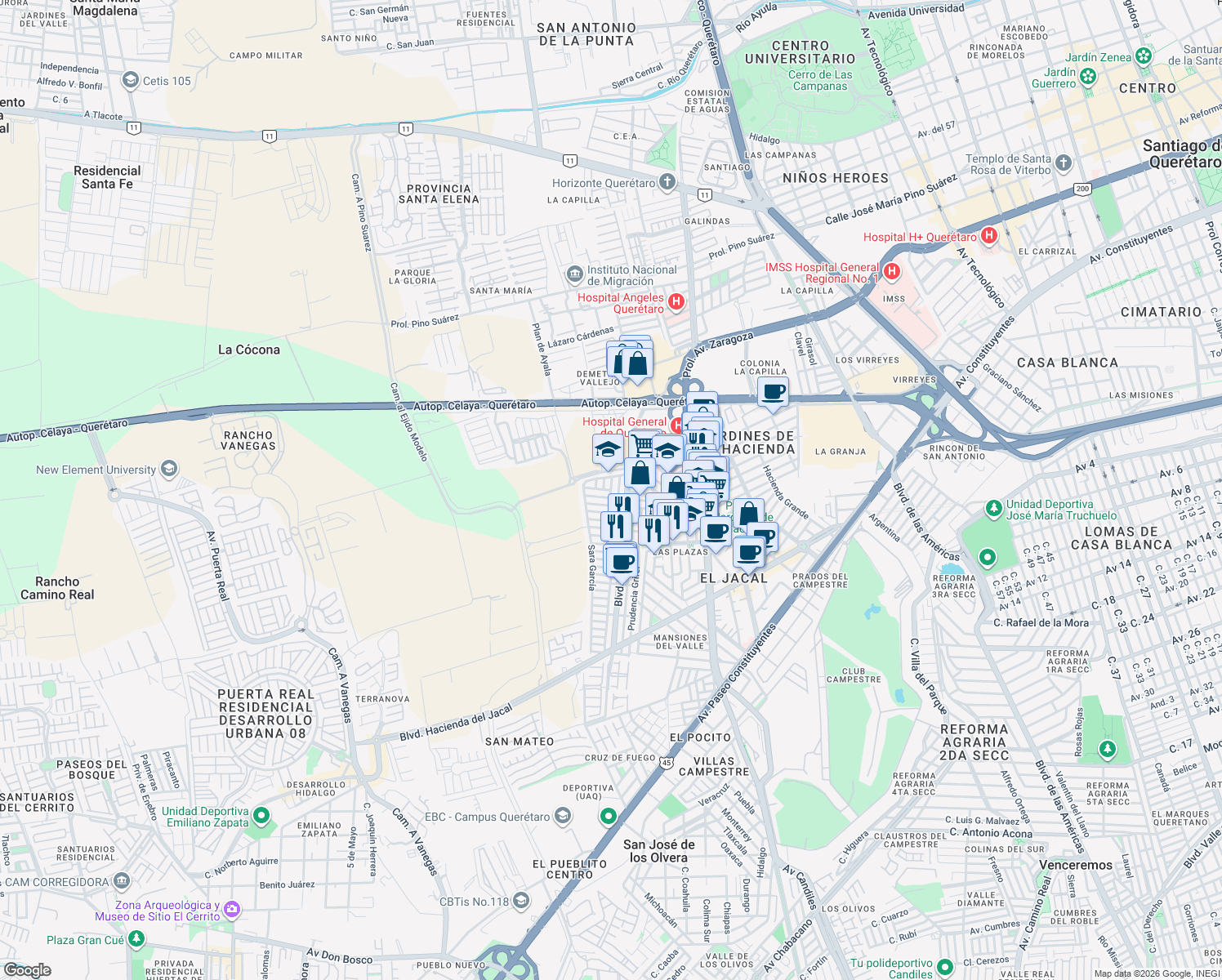 map of restaurants, bars, coffee shops, grocery stores, and more near Gloria Marín in Santiago de Querétaro