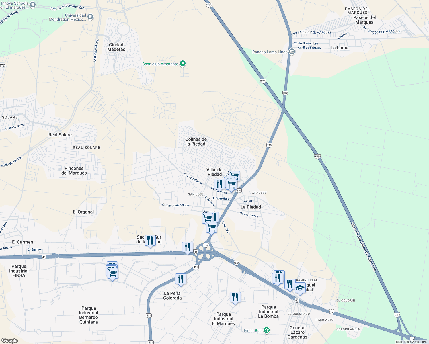 map of restaurants, bars, coffee shops, grocery stores, and more near in Villas la Piedad