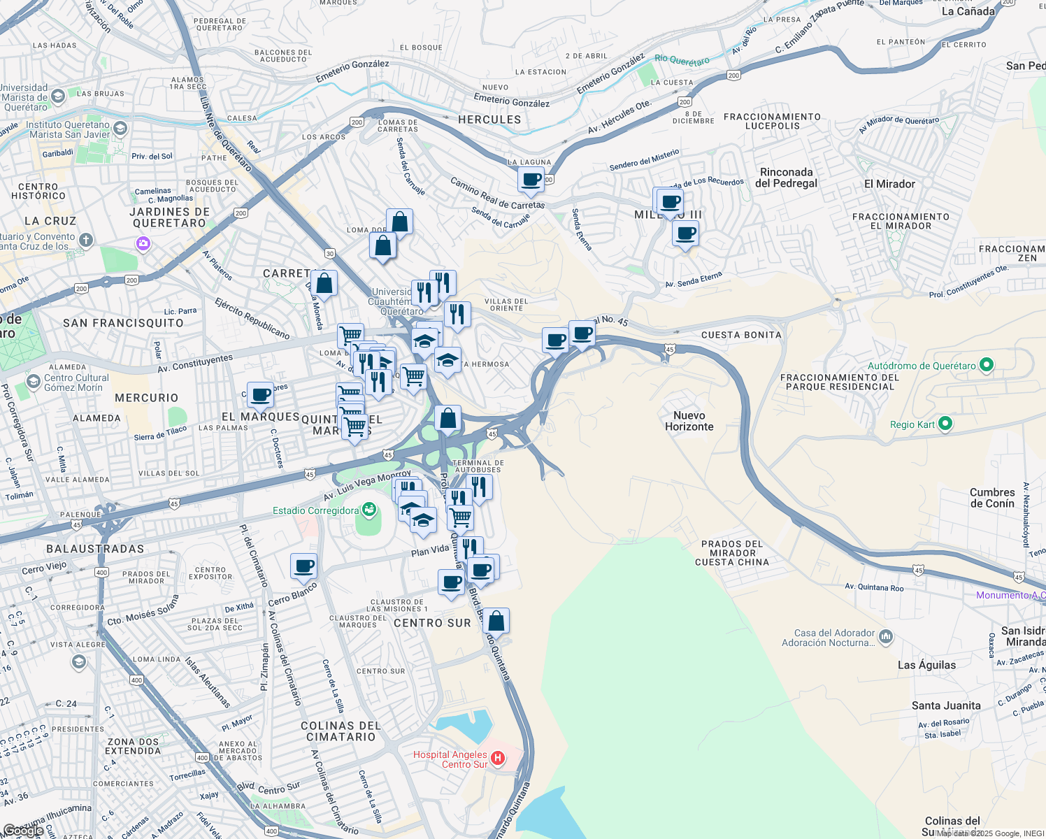 map of restaurants, bars, coffee shops, grocery stores, and more near 24 Jurica - San Juan del Rio in Santiago de Querétaro