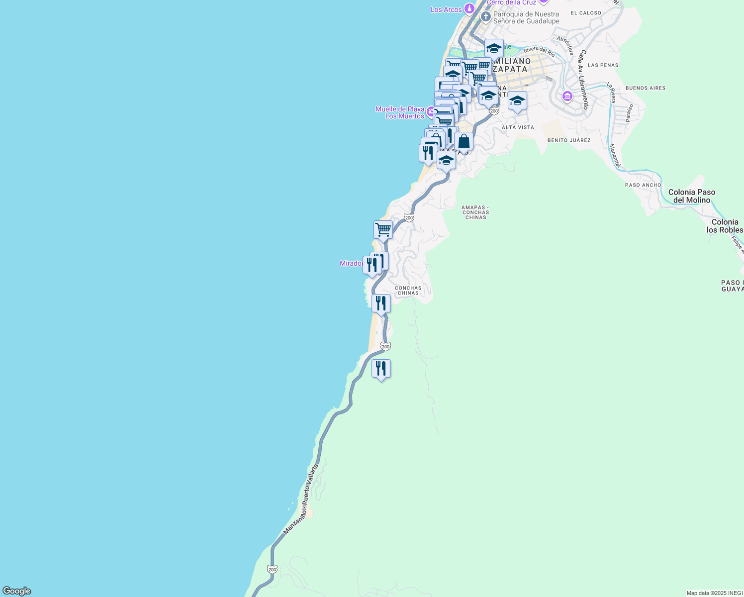 map of restaurants, bars, coffee shops, grocery stores, and more near 1292 Carretera Costera a Barra de Navidad in Puerto Vallarta