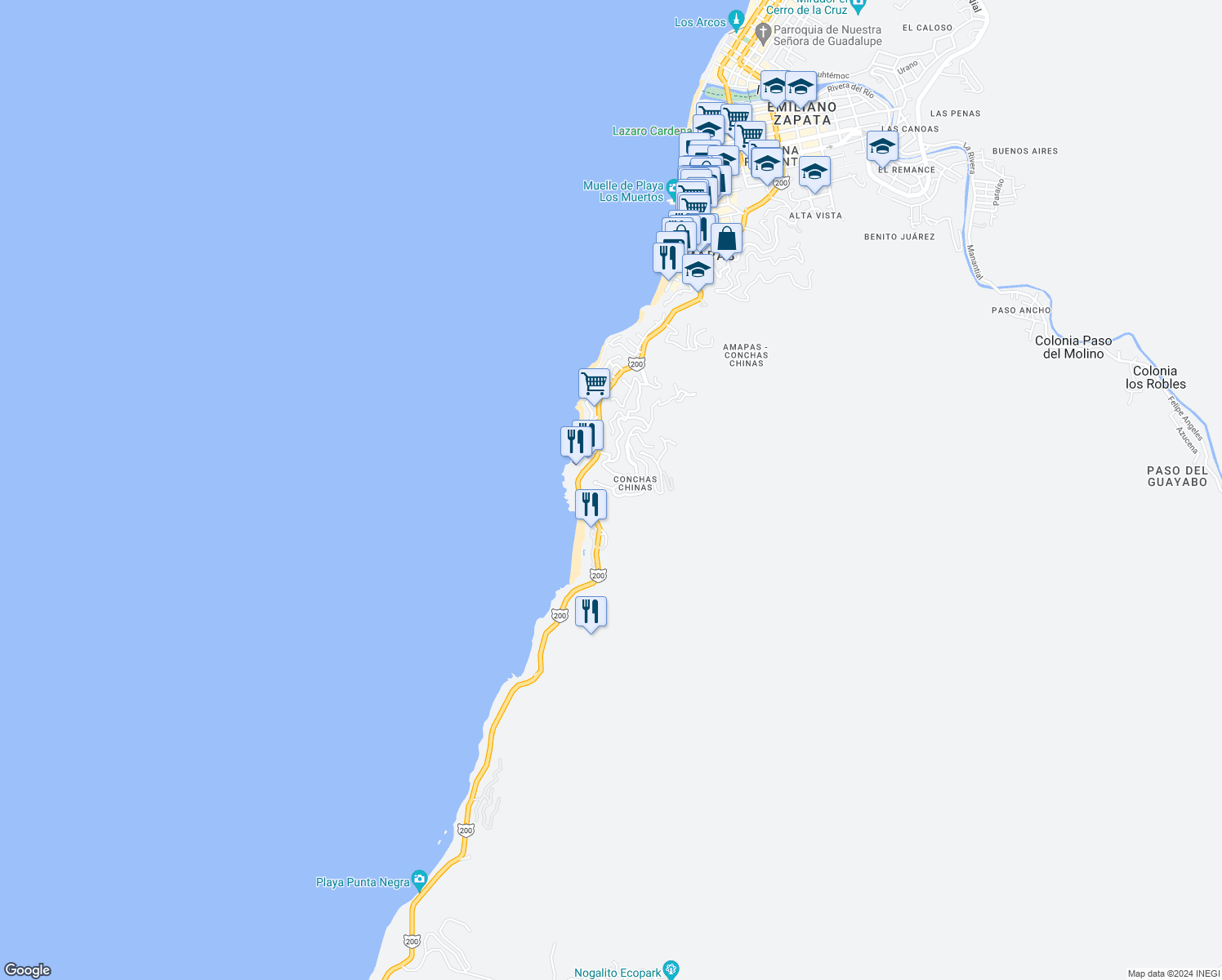 map of restaurants, bars, coffee shops, grocery stores, and more near 5 Rinconada de Las Madreperlas in Puerto Vallarta