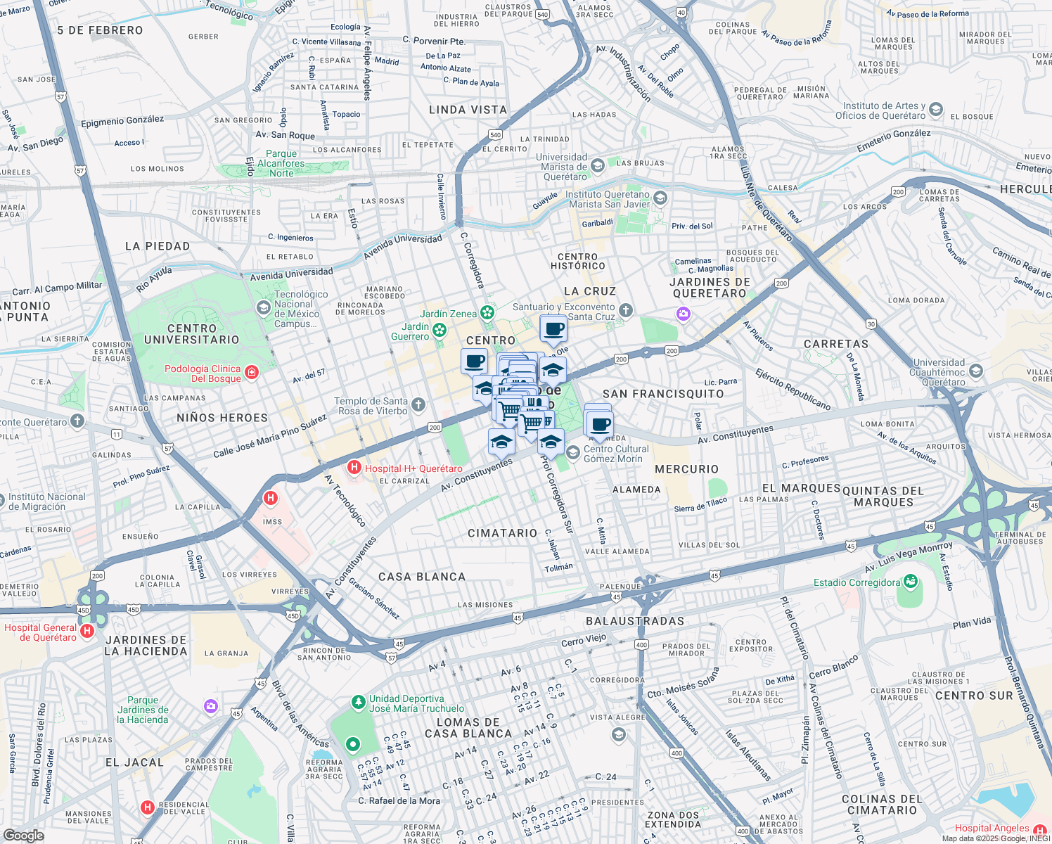 map of restaurants, bars, coffee shops, grocery stores, and more near Colón in Santiago de Querétaro