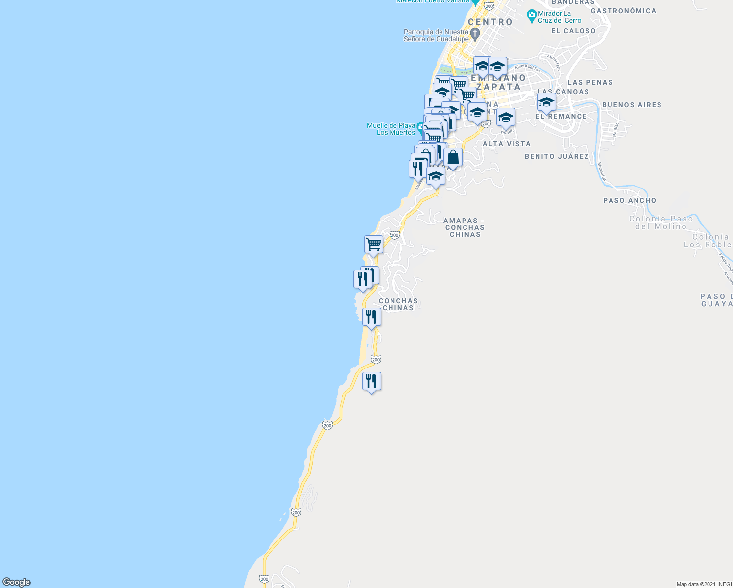 map of restaurants, bars, coffee shops, grocery stores, and more near Km 2.5 Carretera Costera a Barra de Navidad in Puerto Vallarta