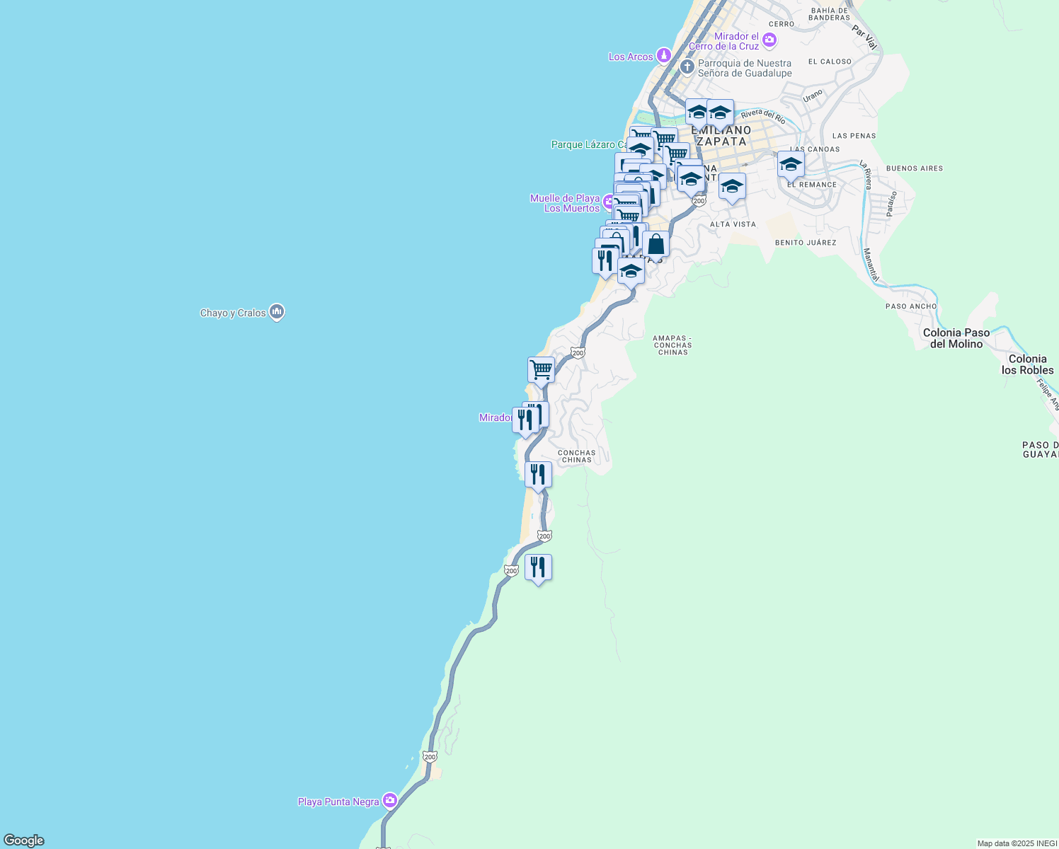 map of restaurants, bars, coffee shops, grocery stores, and more near 168 Easy in Puerto Vallarta