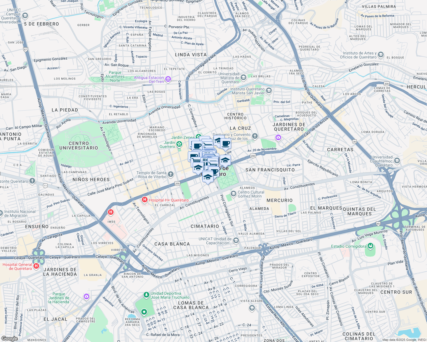 map of restaurants, bars, coffee shops, grocery stores, and more near in Santiago de Querétaro