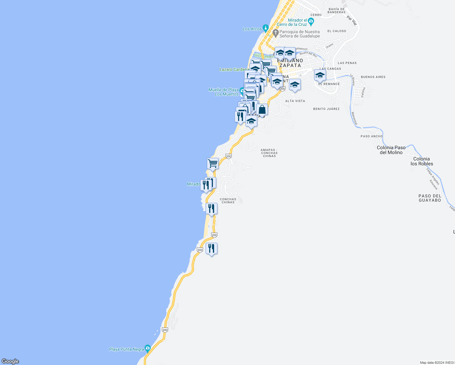 map of restaurants, bars, coffee shops, grocery stores, and more near 800 Rinconada de Las Tortugas in Puerto Vallarta