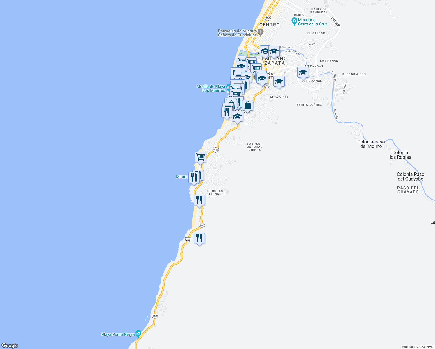 map of restaurants, bars, coffee shops, grocery stores, and more near 324 Paseo de Las Conchas Chinas in Puerto Vallarta