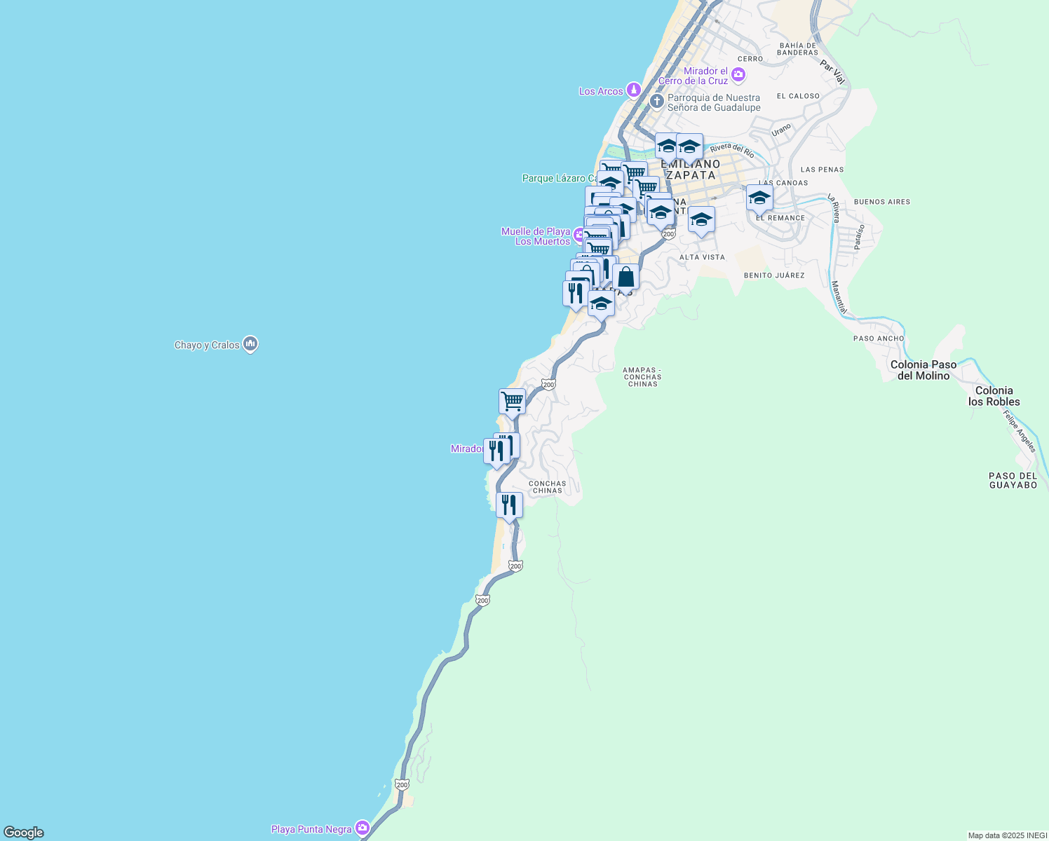 map of restaurants, bars, coffee shops, grocery stores, and more near 100B Paseo de las Almejas in Puerto Vallarta