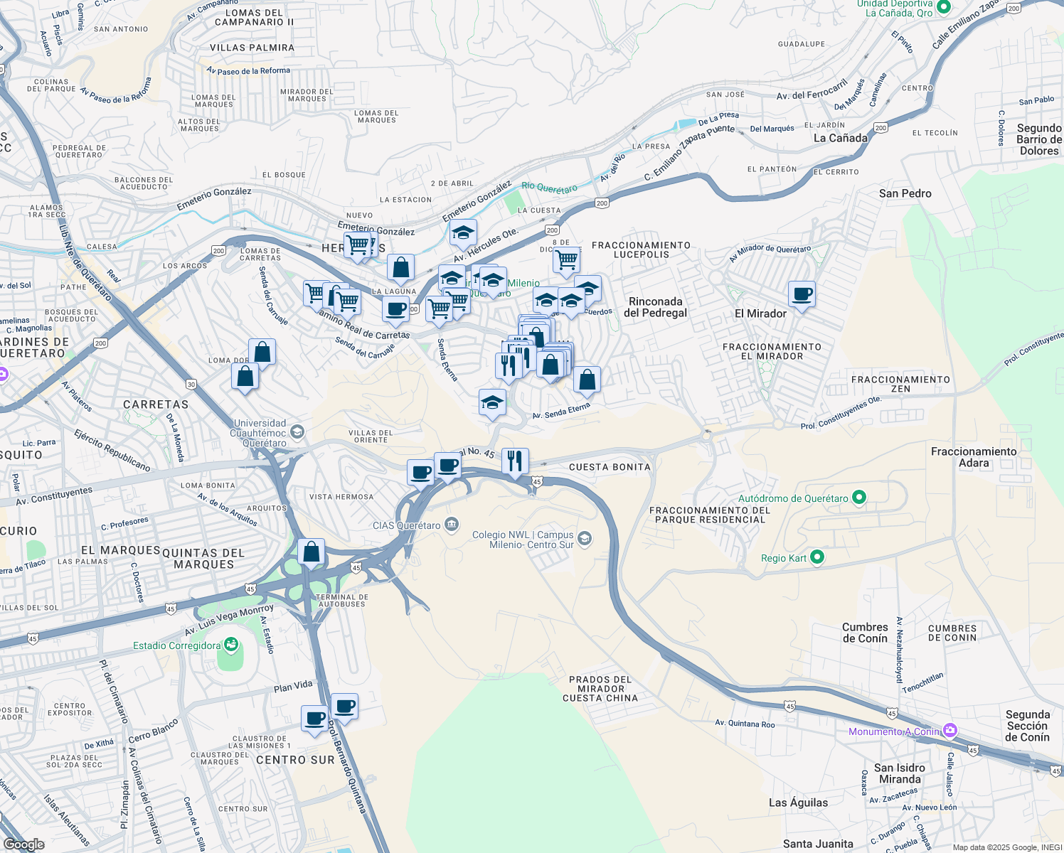 map of restaurants, bars, coffee shops, grocery stores, and more near Sendero del Reflejo in Santiago de Querétaro