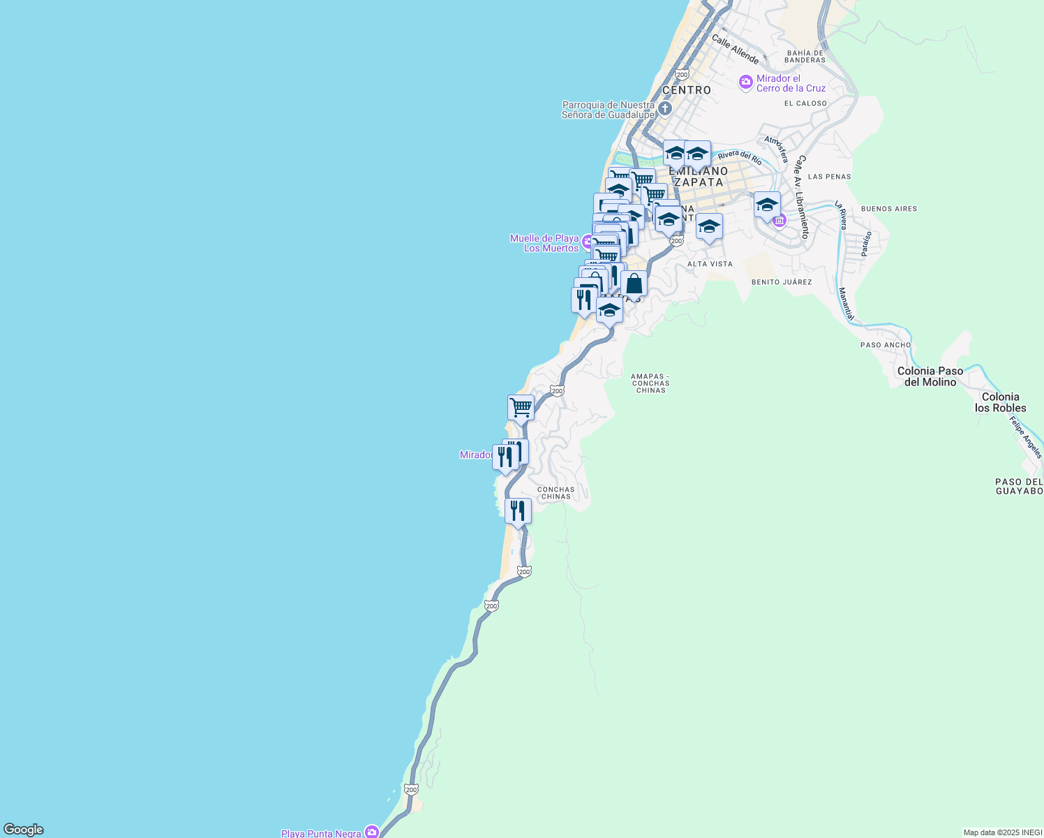 map of restaurants, bars, coffee shops, grocery stores, and more near 100B Paseo de las Almejas in Puerto Vallarta