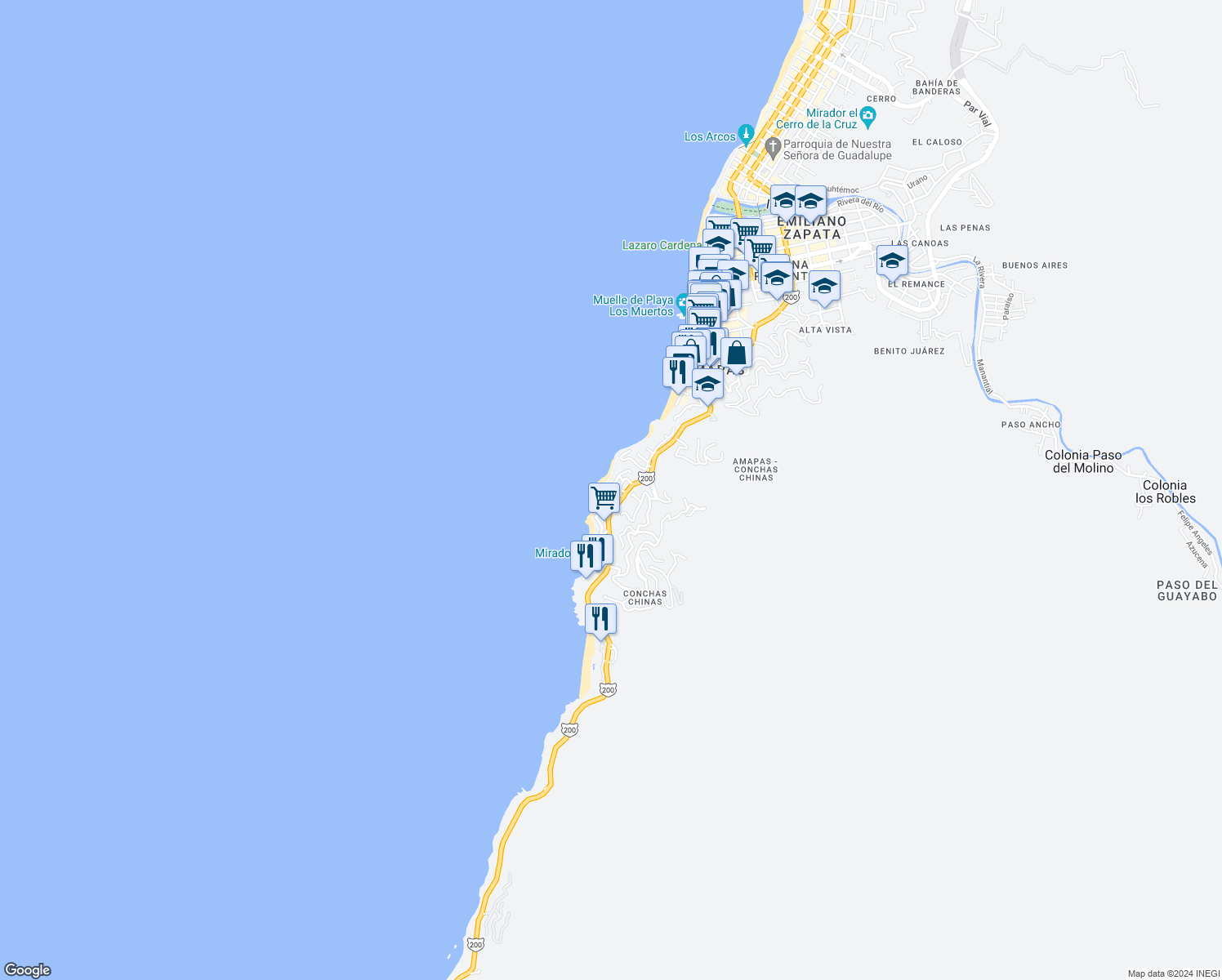 map of restaurants, bars, coffee shops, grocery stores, and more near 112 Calle Sagitario in Puerto Vallarta