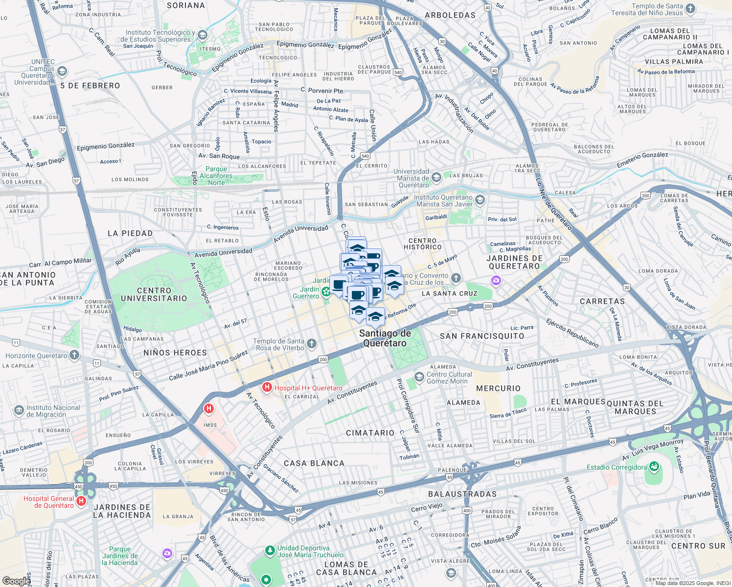 map of restaurants, bars, coffee shops, grocery stores, and more near 4 Carretera Querétaro - Chichimequillas in Santiago de Querétaro