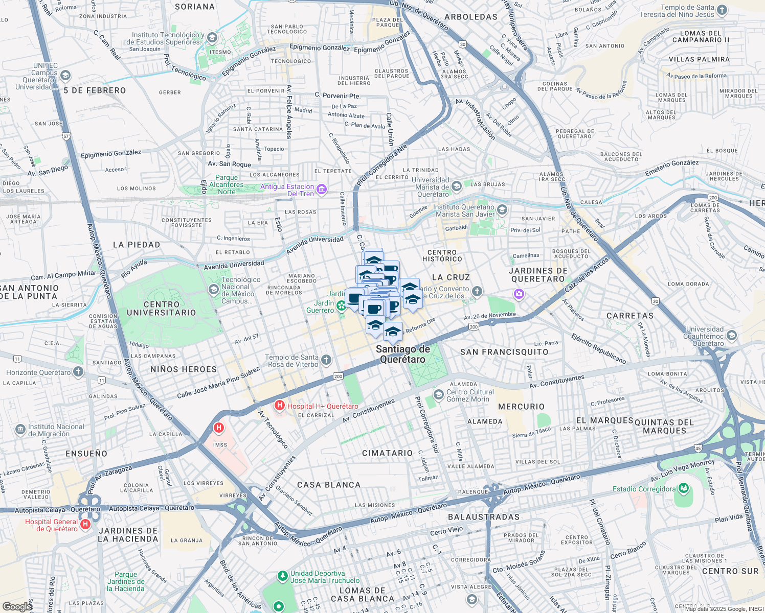 map of restaurants, bars, coffee shops, grocery stores, and more near 4 Carretera Querétaro - Chichimequillas in Santiago de Querétaro